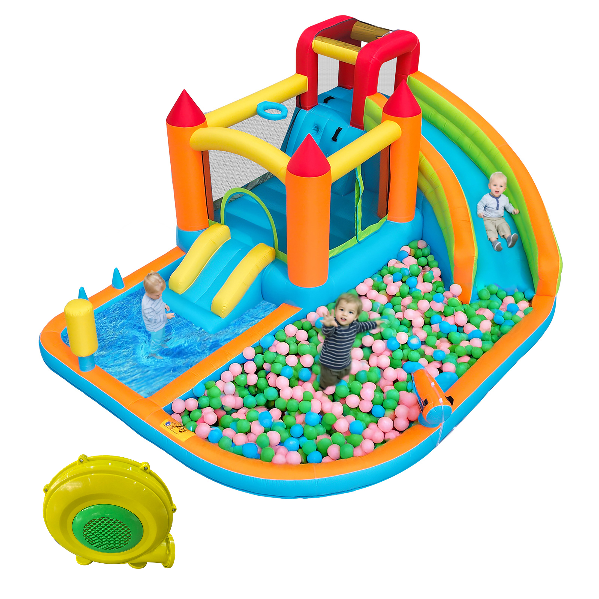 Multifunctional Outdoor Bouncy Castle With Blower, Water Slide Trampoline Basketball Hoop Water Gun, 2 Pool Areas, 1 Large And 1 Small Slide, For Dry And Wet Use, A Water Par