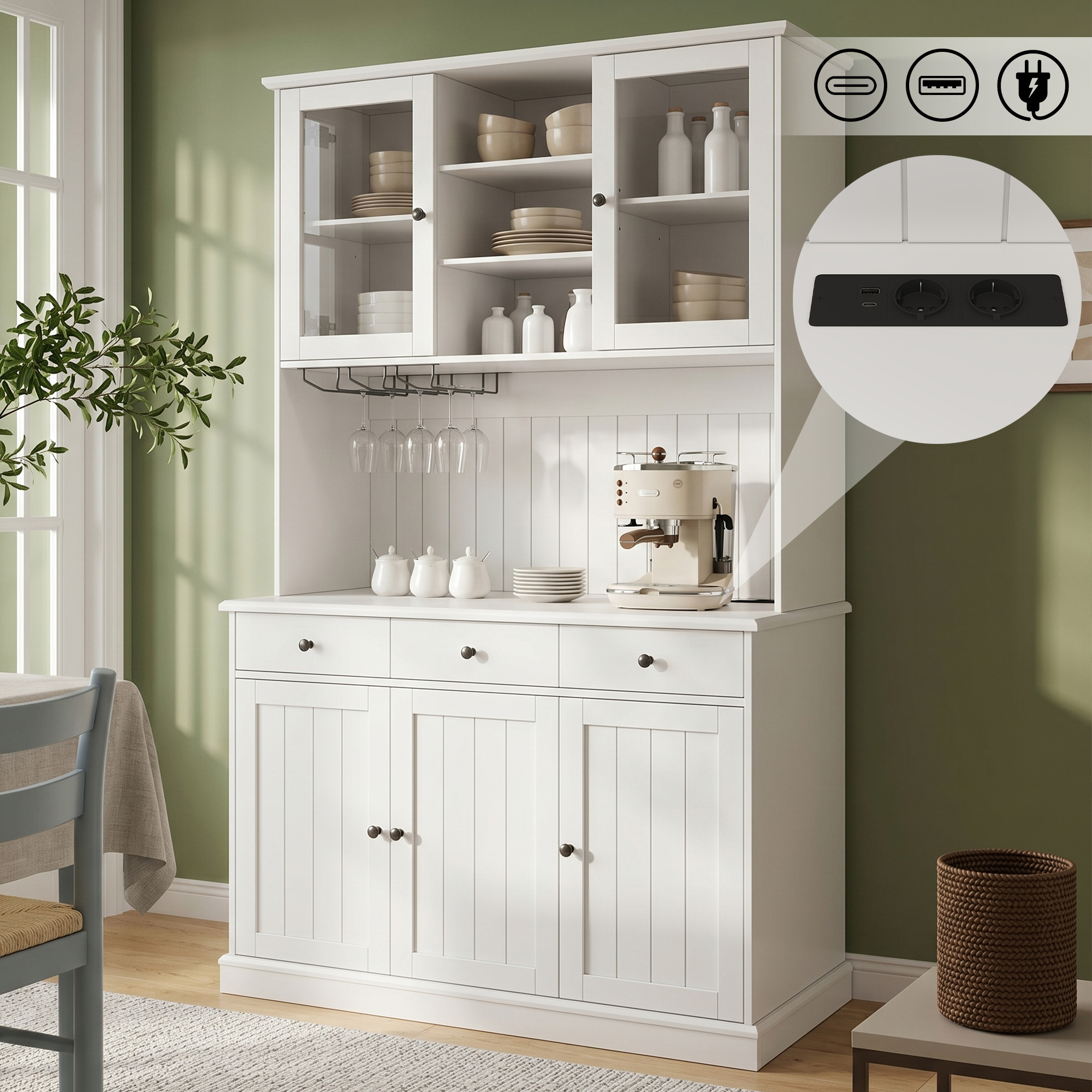 Buffet Cabinets, Dining Room Tall Cabinet 120x40x191 Cm, With Glass Doors, Glass Holder, Multi-level Storage Space, Integrated Socket And USB-C And USB-A Ports, White And Black Handles