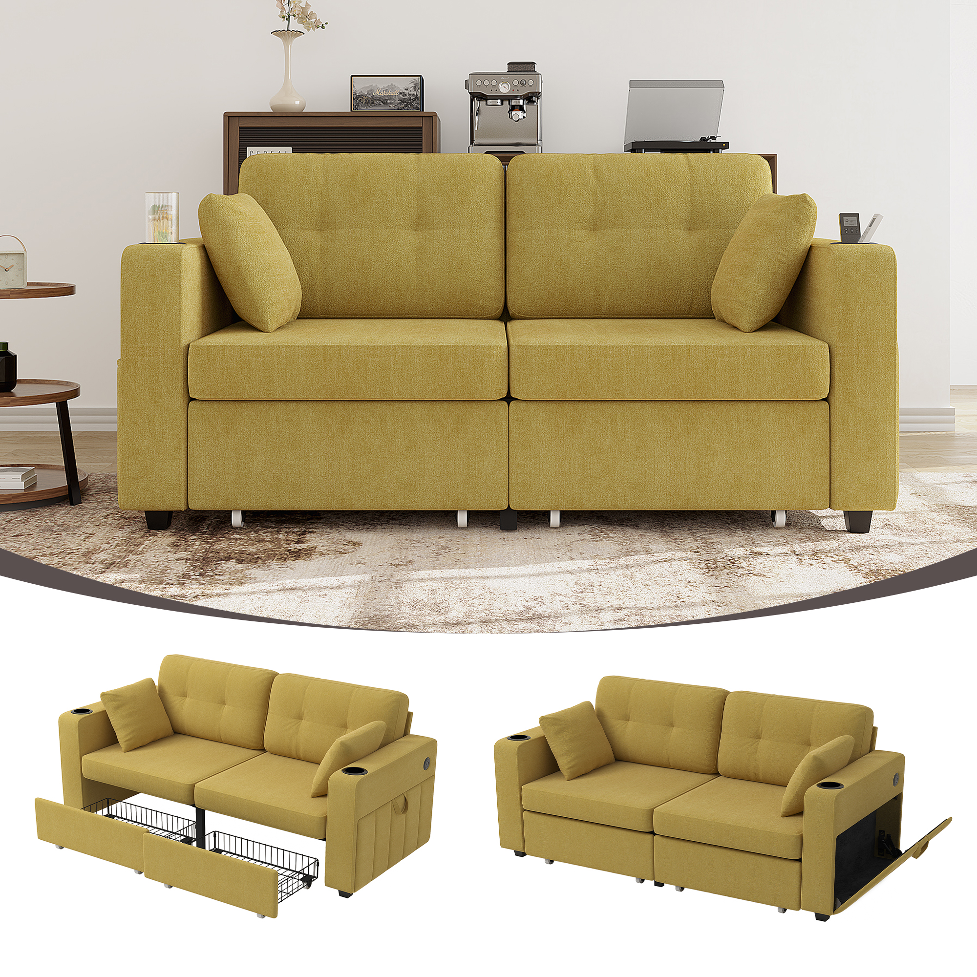 Two-seater Sofa With Two Storage Drawers And USB Charging Ports, With Cup Holders And Side Pockets, Equipped With Hidden Storage Compartments. Suitable For Living Rooms, Apartments And Reading Corners
