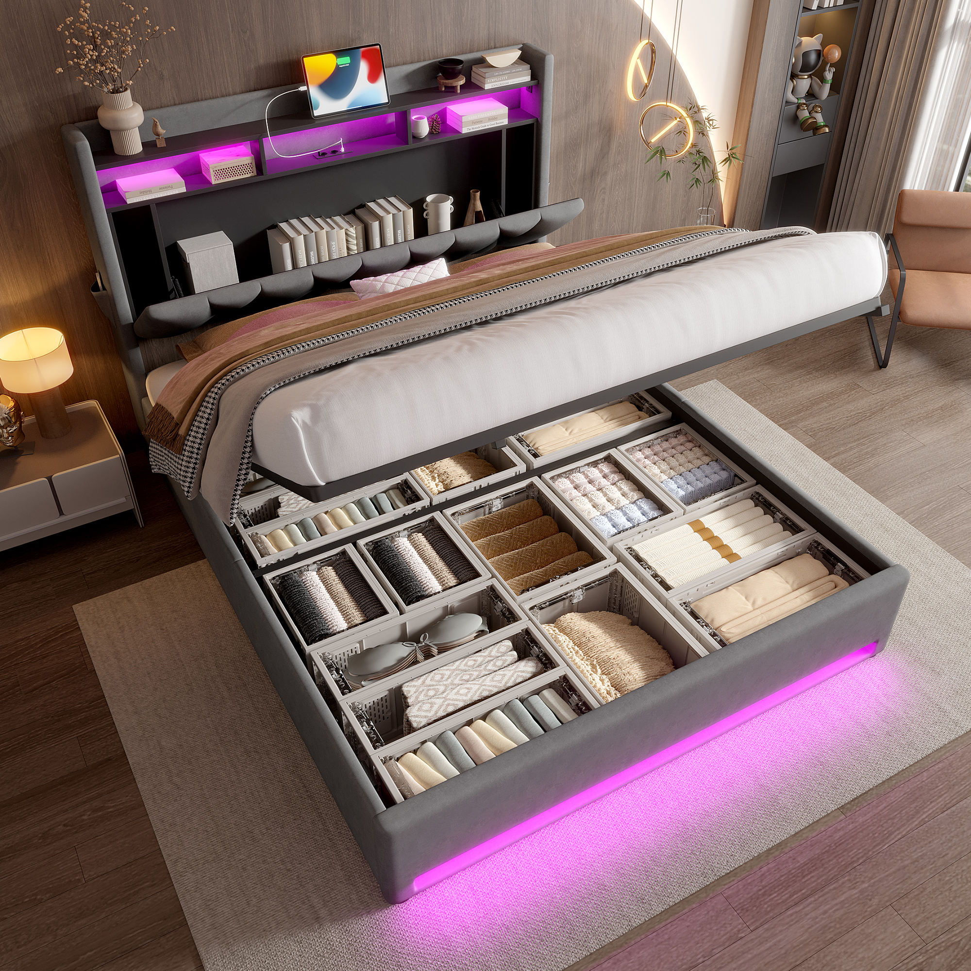 160 X 200cm Upholstered Bed Frame With LED Lighting, USB Type-C Charging And Underbed Storage, Storage Headboard, Hydraulic Storage Bed Frame, Grey, Without Mattress