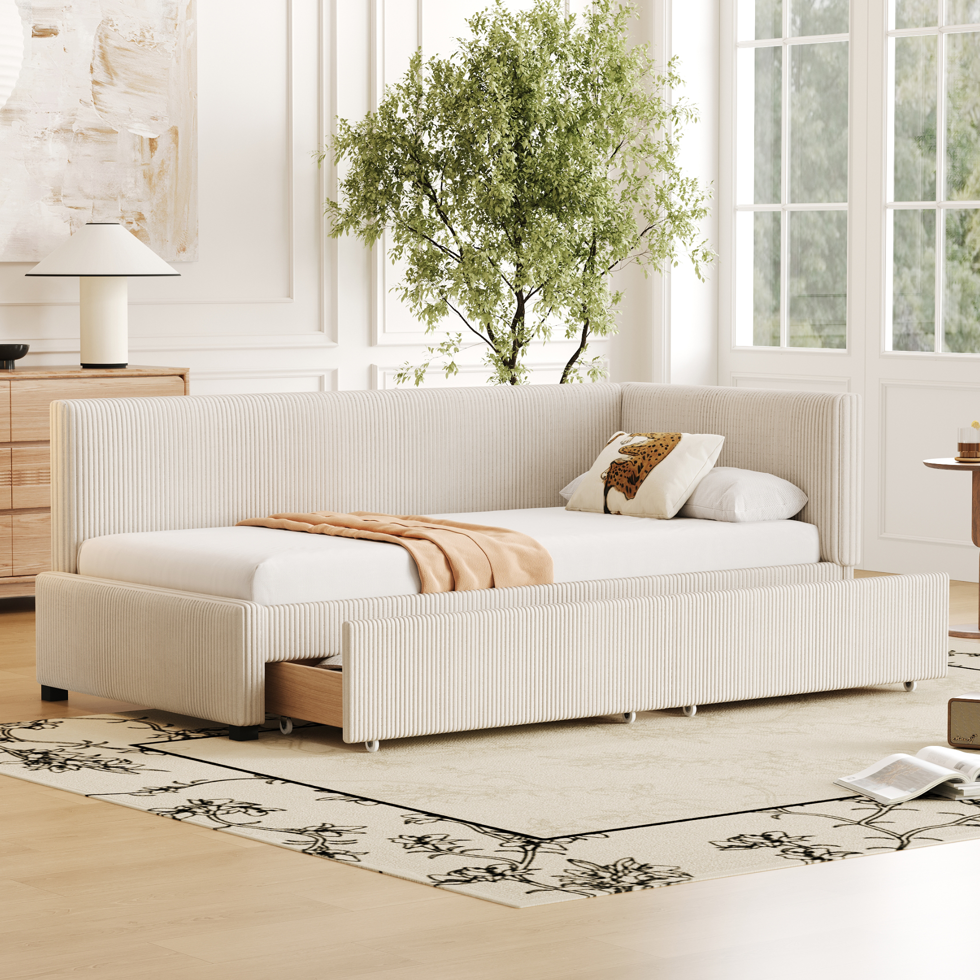 Upholstered Bed Sofa Bed 90x200 Multifunctional Bed With 2 Large Storage Drawers And Slatted Frame Skin-friendly Velvet Fabric Beige
