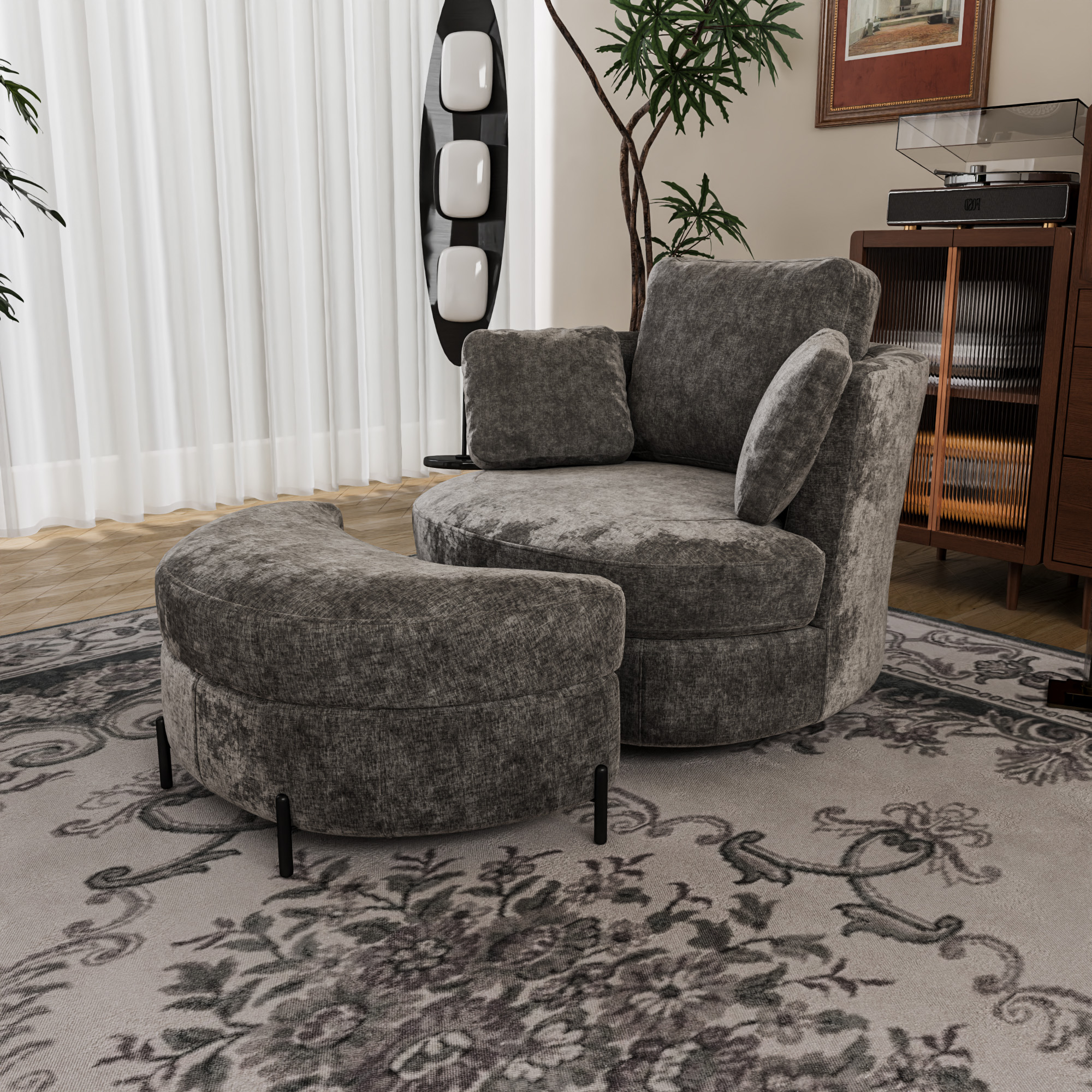 Modern Oversized Armchair With Moon-shaped Storage Ottoman, Made Of Gray Chenille, 3 Individually Usable Cushions, Highly Elastic Seat Padding  Comfortable Reading Chair For Living Room, Bedroom