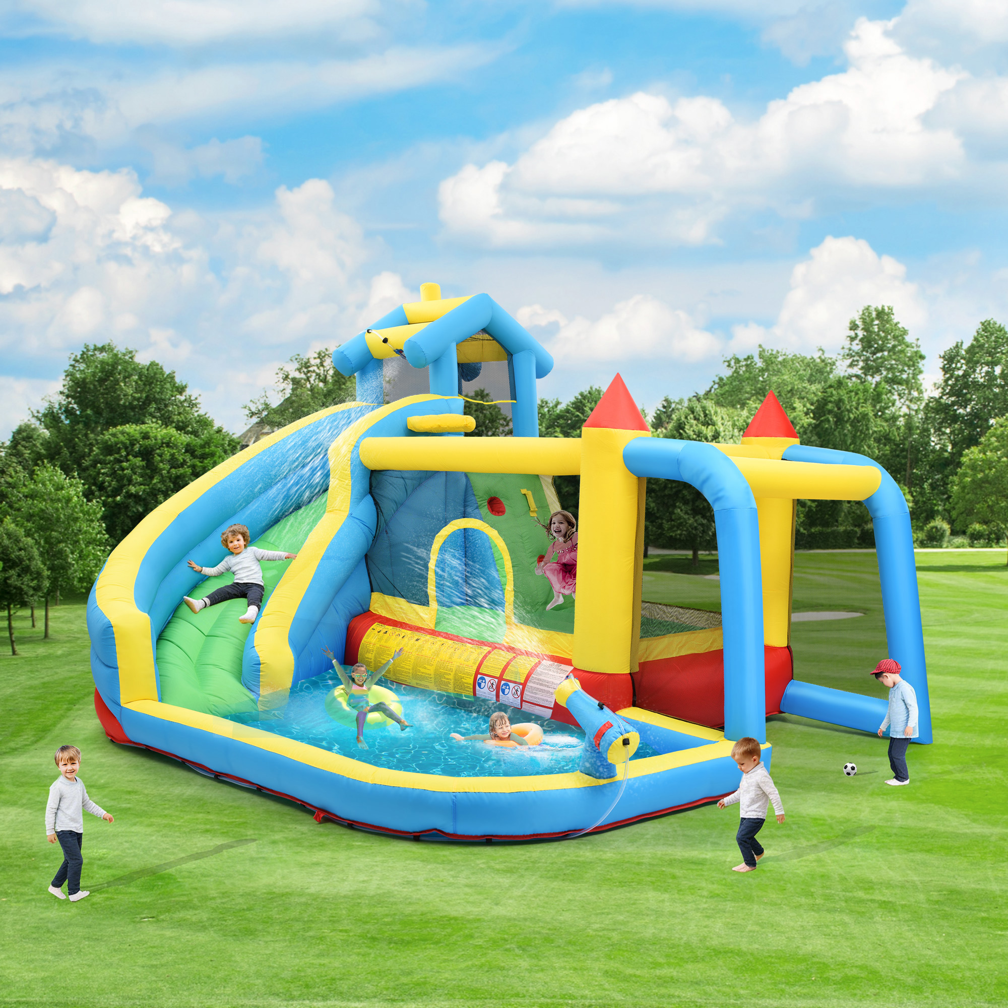 Kids Bouncy Castle, 5 In 1 Inflatable Bouncy Castle For Kids 3-10 Years Old, Outdoor Castle Bouncer With Slide Jumping Area Water Pool Football Net, Inflatable Size 364x315x239cm