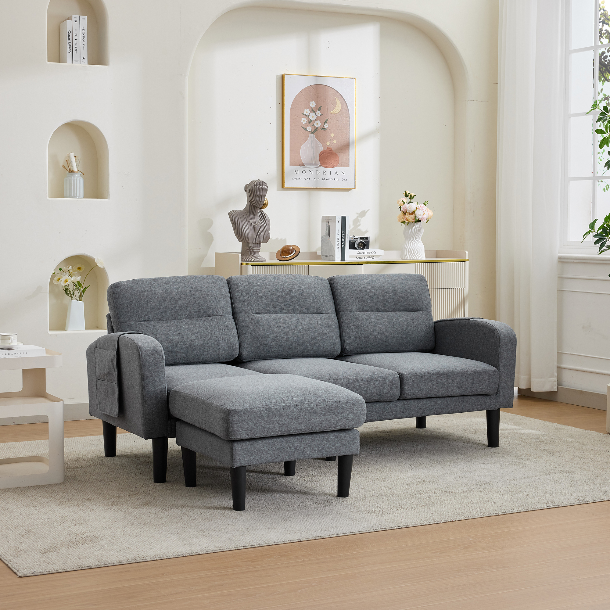 Corner Sofa L-Shape Sofa 3 Seater With Chaise Longue, Small Corner Sofa, There Is A Storage Bag On The Side, 10 Sofa Legs, Suitable For Living Room, 204x136x80cm, Grey