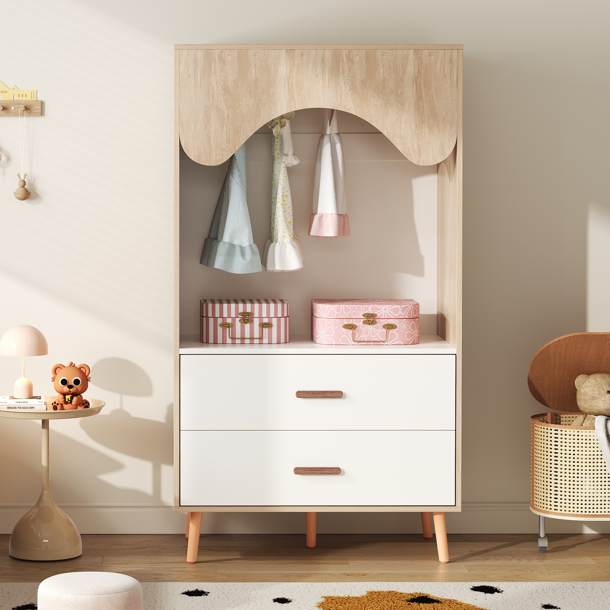 Children's Wardrobe, Wardrobe With Clothes Rail, With Drawers, Open Wardrobe, Solid Wood Handles, Made Of Chipboard, White Natural Wood, 80x46x141,5cm