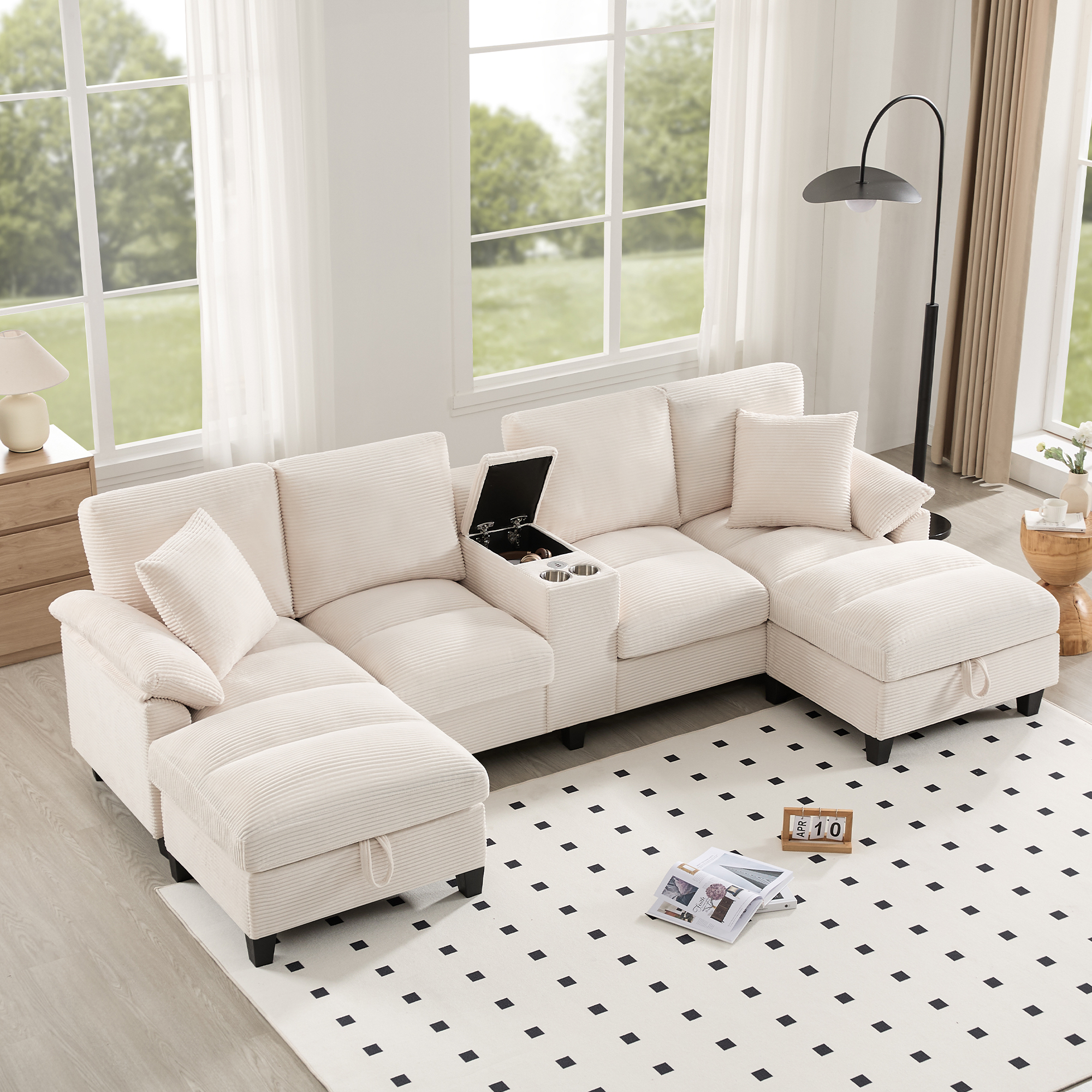 Spacious 4-seater U-shaped Sofa With Storage, Oversized Corduroy Fabric And Cushions, Stainless Steel Cup Holders And Two USB Ports, Suitable For Living Rooms, Bedrooms And Apartments