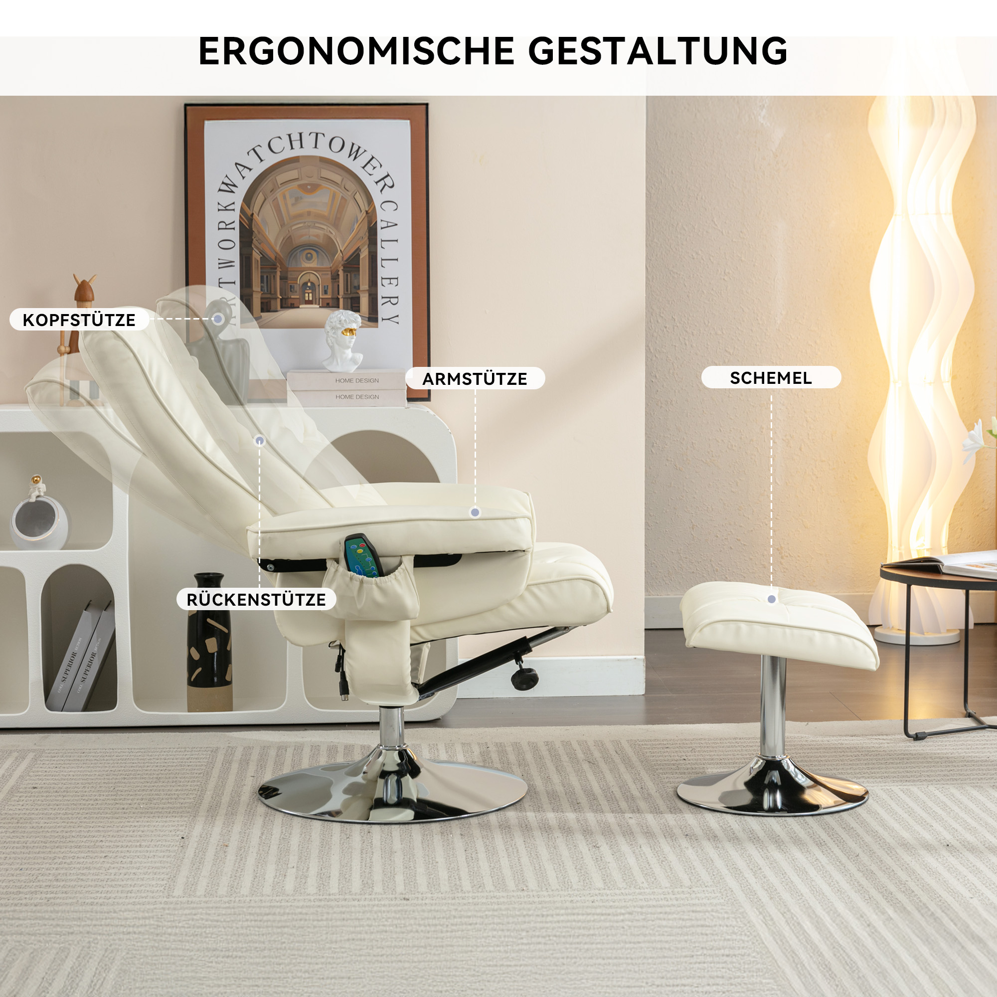 Massage Chair With PU Upholstery And Ottoman, Footstool With 5-Point Massager For Living Room And Bedroom, Beige 5