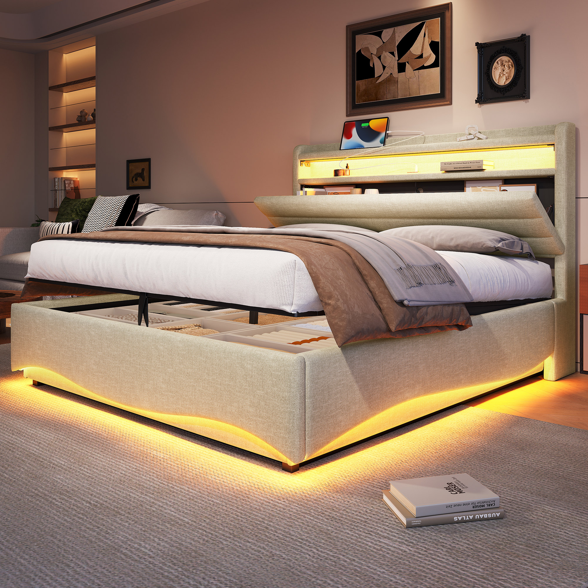 Upholstered Bed, 140 X 200 Cm, Without Mattress, With LED Lighting, With Hydraulic Mechanism, With USB And Type-C Ports, Storage Compartment, Shelves For Objects, Linen Fabric, Beige