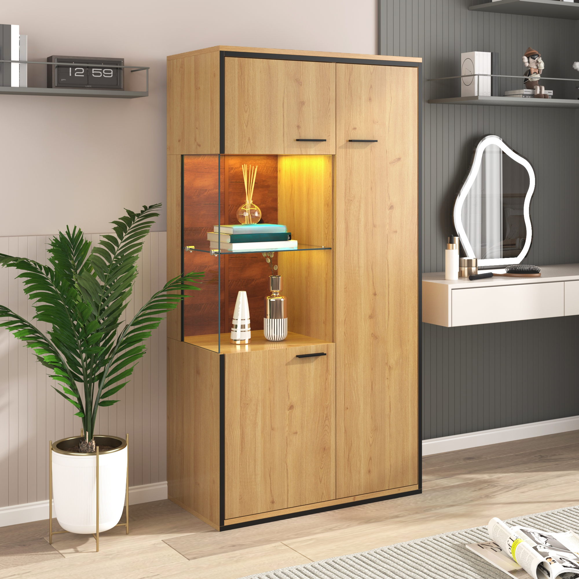 Modern Display Cabinet With LED Lighting - 150cm High - Glass Door, Multi-purpose Shelves, 15 Color Options, Large Storage Space, Glass Shelf, Showcase, Presentation Furniture, Cabinet With Lighting,