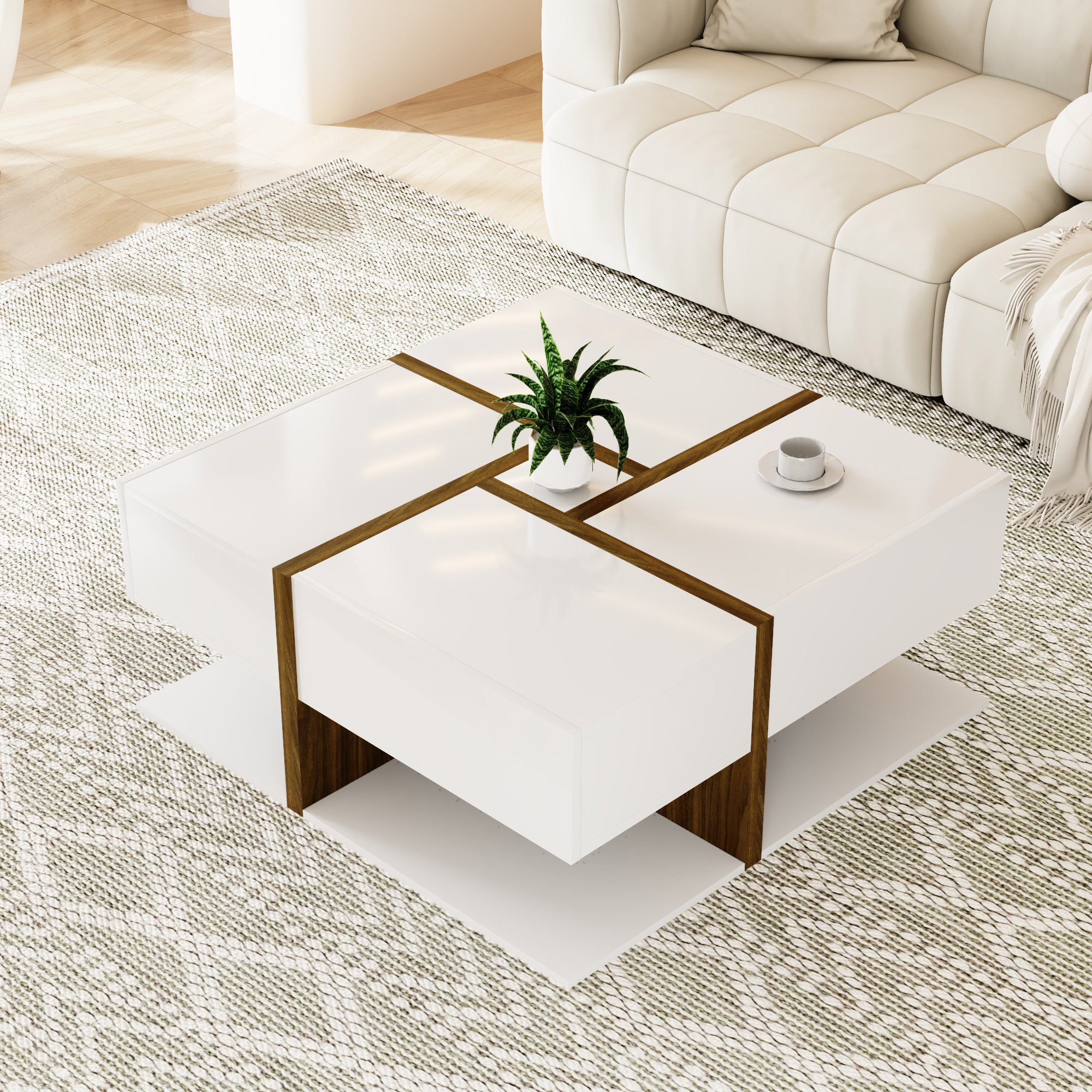High Gloss Coffee Table, Table With 4 Drawers, Unique Color Matching And Line Design, Storage Space At The Bottom. 78X78X34.8cm