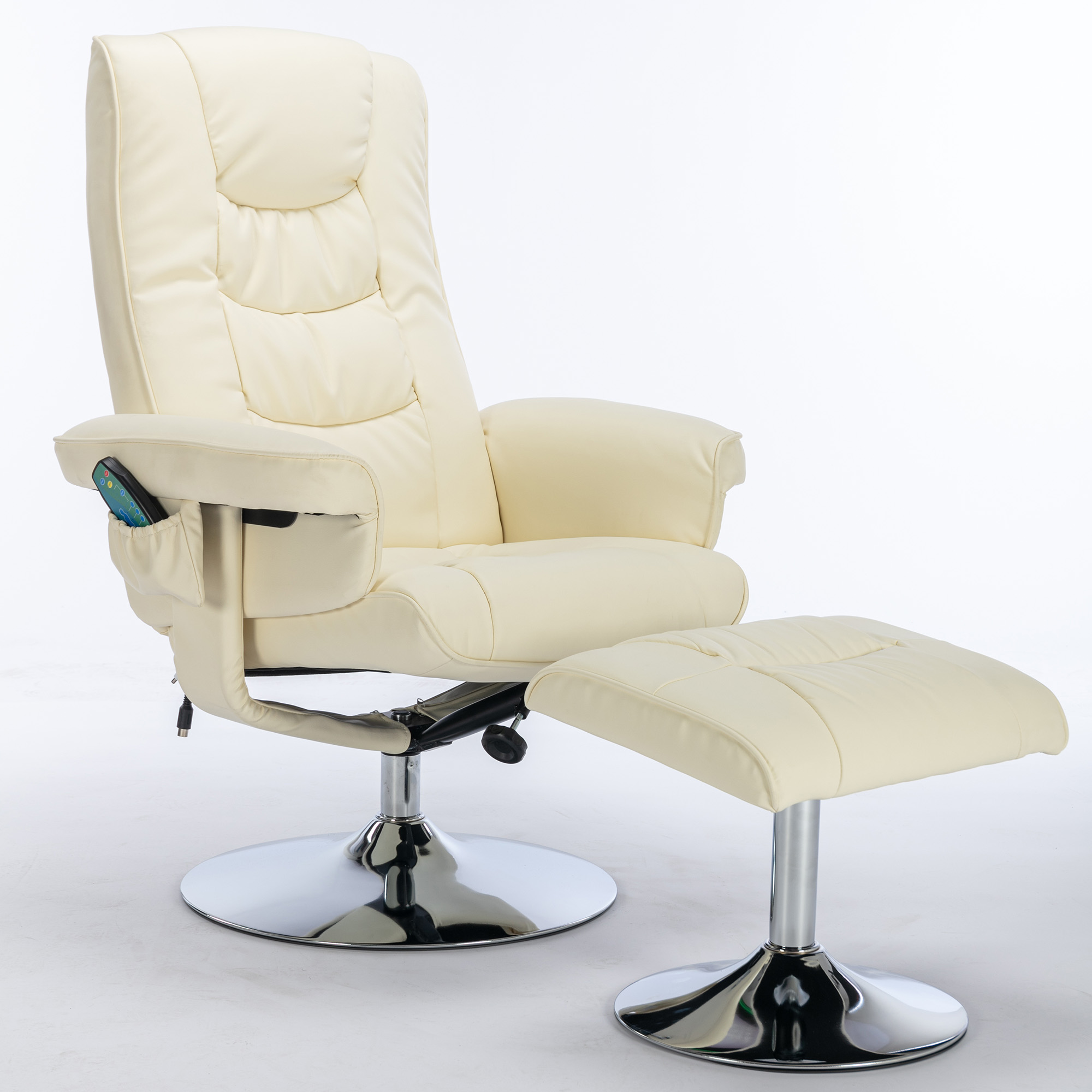 Massage Chair With PU Upholstery And Ottoman, Footstool With 5-Point Massager For Living Room And Bedroom, Beige 4