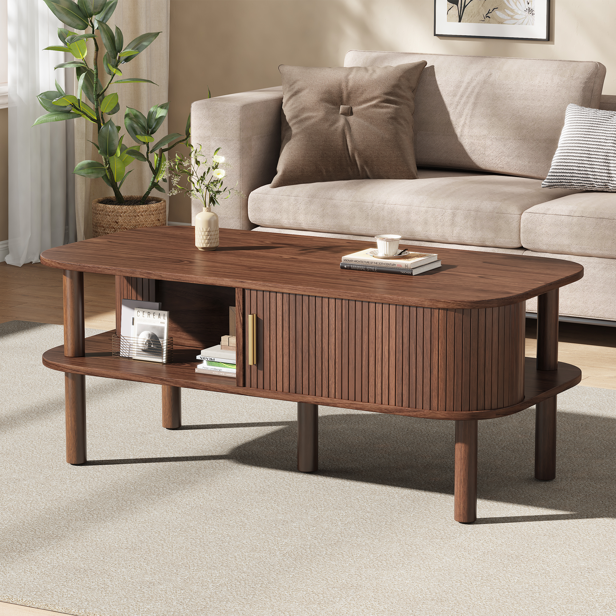 Coffee Table 110x55x45cm Made Of MDF, Living Room Table With Roller Door, Open Compartments Storage Space, Up To 60 Kg Loadable, Scandinavian Coffee Table, Coffee Table, Side Table Walnut Wood Color