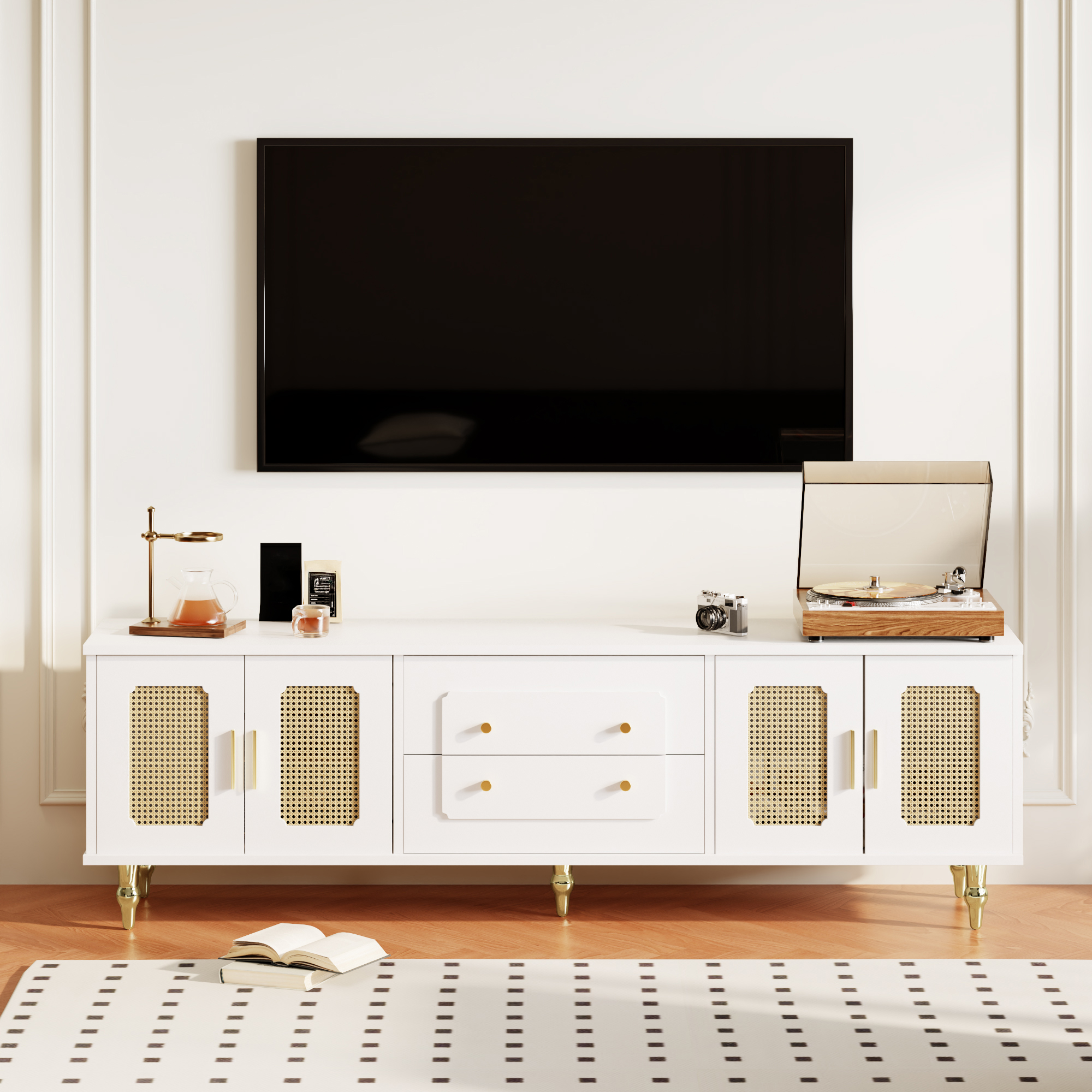 Lowboard, Retro-style TV Stand Golden Handles, Plenty Of Storage Space. With Rattan Door And Metal Legs