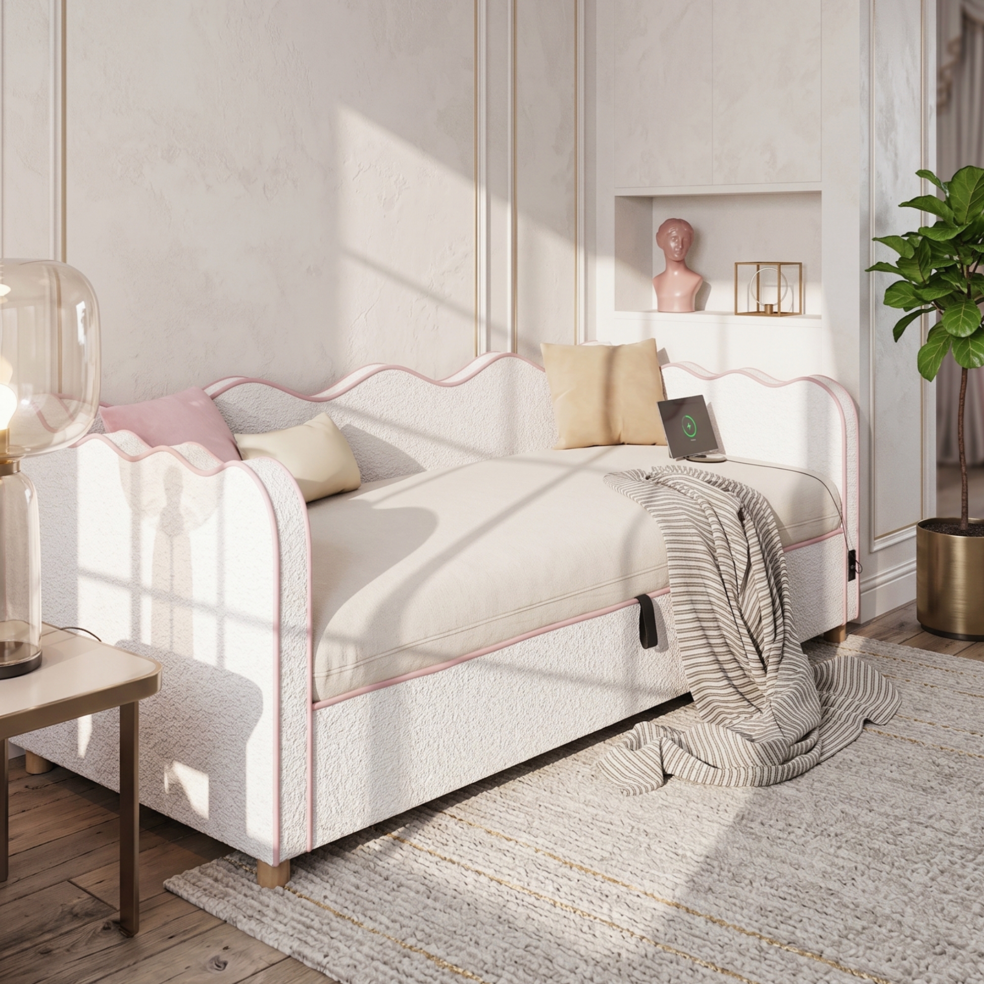 Daybed 90x200 Cm With Hydraulic Storage, Upholstered Bed, Daybed, Sofa Bed With USB & Backrest, Boucle, Beige 4