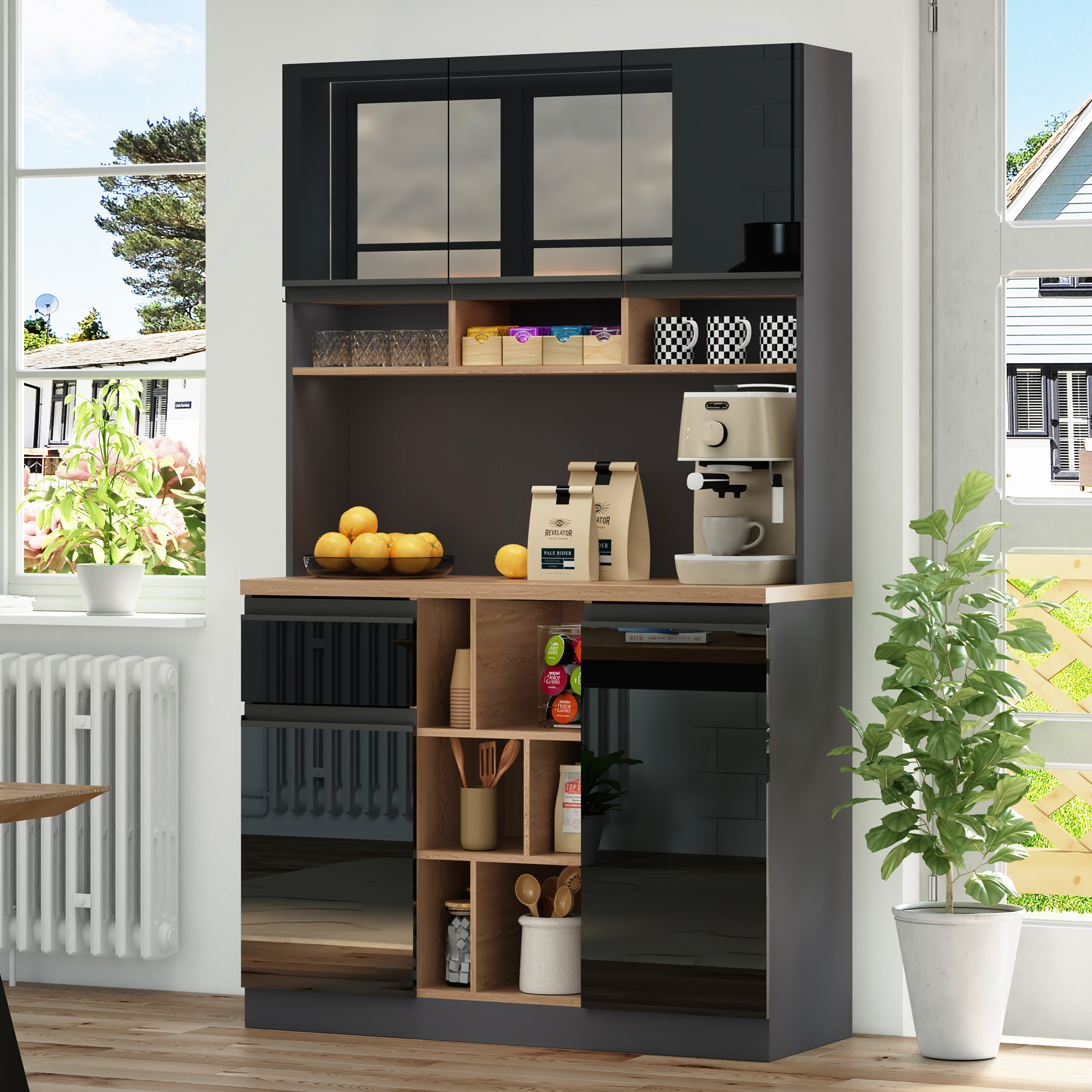 105x45x185cm, Modern Kitchen Cabinet, Buffet, Sideboard, Grey And Black, Metal Handles, Adjustable Shelves, Drawers, Open Storage, Anti-Tilt Accessories, Suitable For Kitchen, Living Room And Bedroom