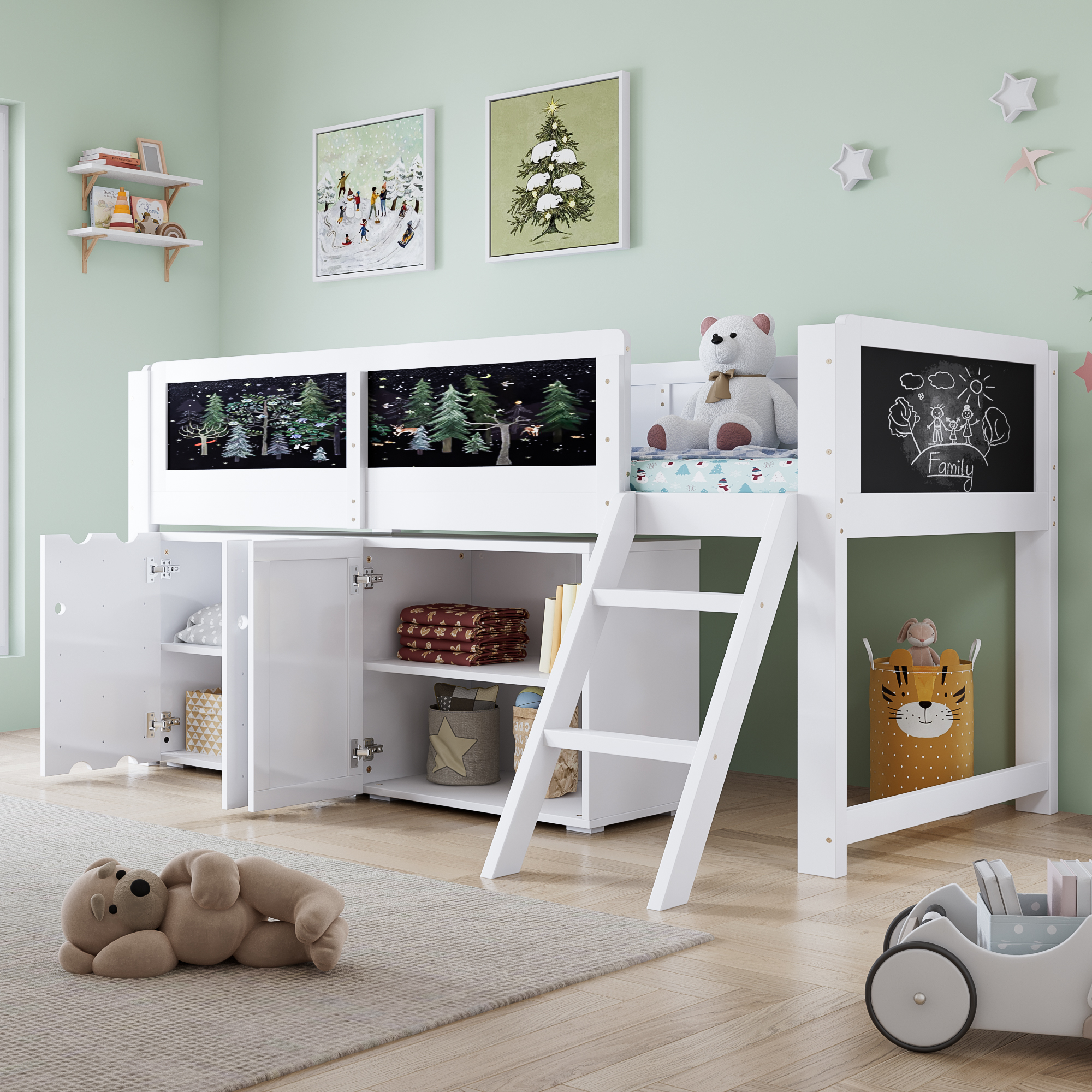 Loft Bed, Cot, With Double-door Storage Cupboards And A Blackboard For Painting, Two-step Inclined Ladder, Safety Railing, Pine - MDF - Plywood, White, 90x200cm