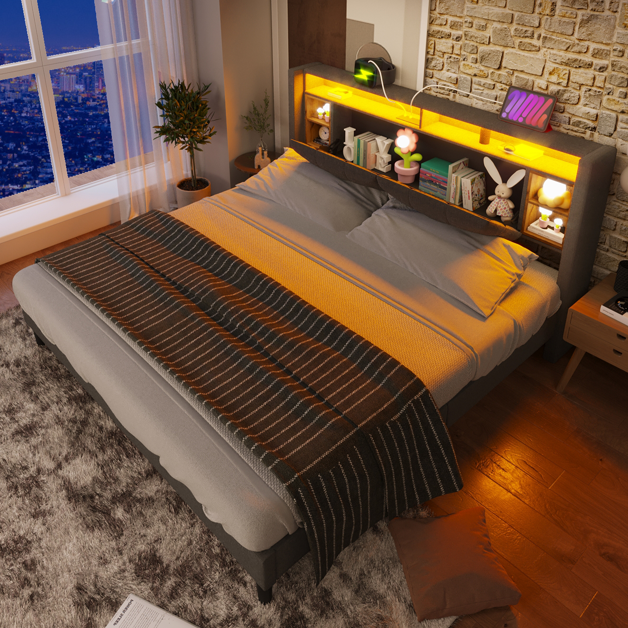 Upholstered Bed Double Bed Storage Headboard Bed With Charging USB And LED Lighting Bed Frame Wooden Slatted Frame,140x200CM Grey Without Mattress