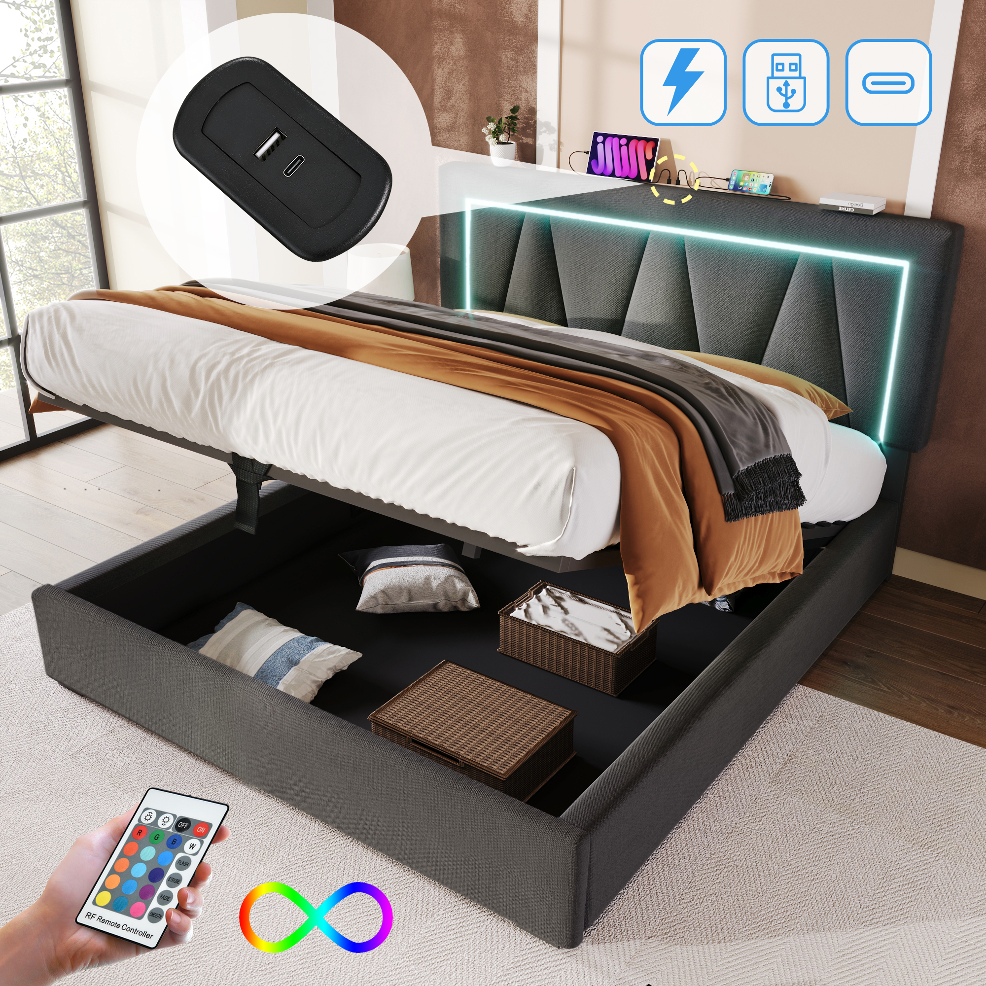 Upholstered Bed LED Double Bed With USB Type-C Charging Function And LED Lighting,Storage Beds Bed Frame Made Of Linen Material Youth Bed 140x200 With Slatted Base Without Mattress