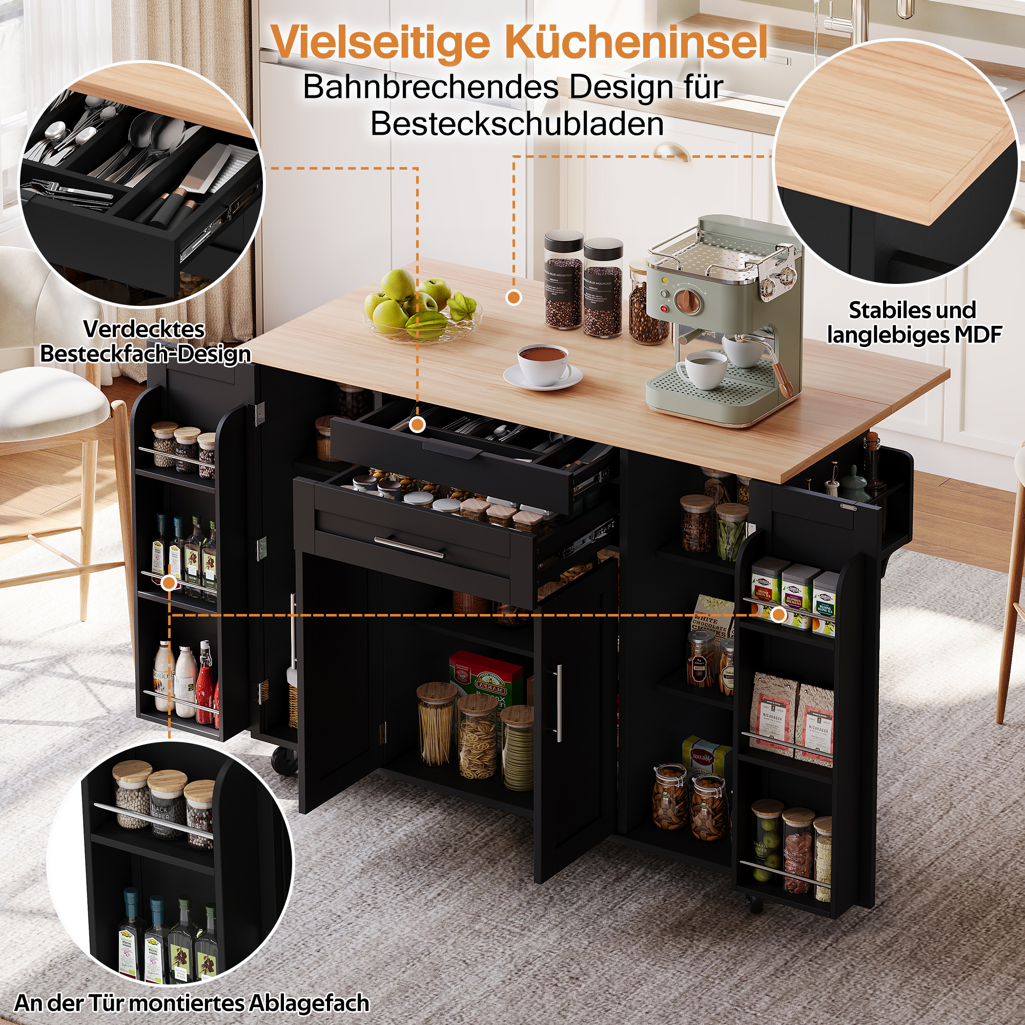 Îlot de Cuisine Mobile 120×45cm avec Plan de Travail Extensible