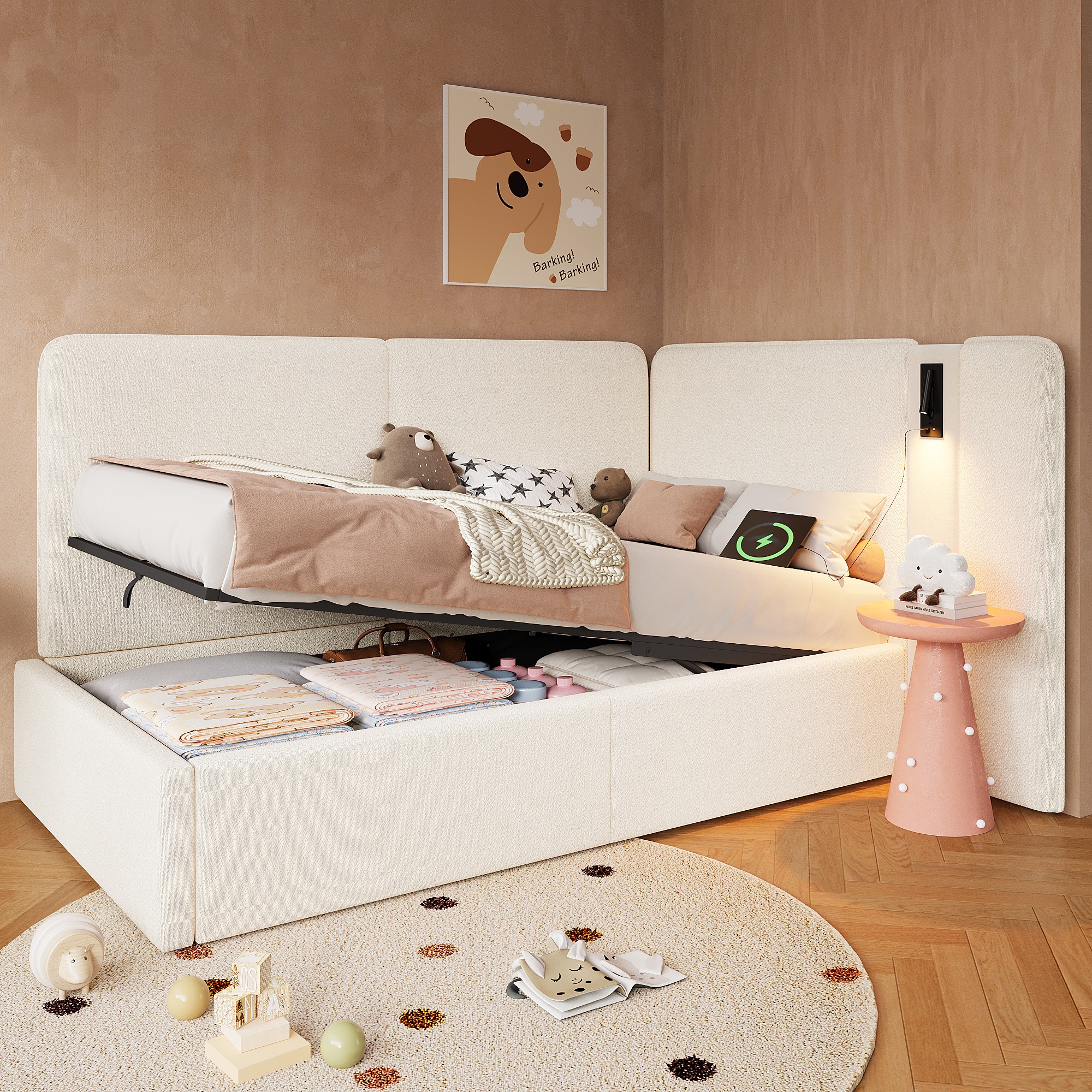 Daybed 90x200 Cm With Hydraulic Storage, Upholstered Bed, Daybed, Sofa Bed With USB Charging Port And Reading Lamp, Beige, Boucle