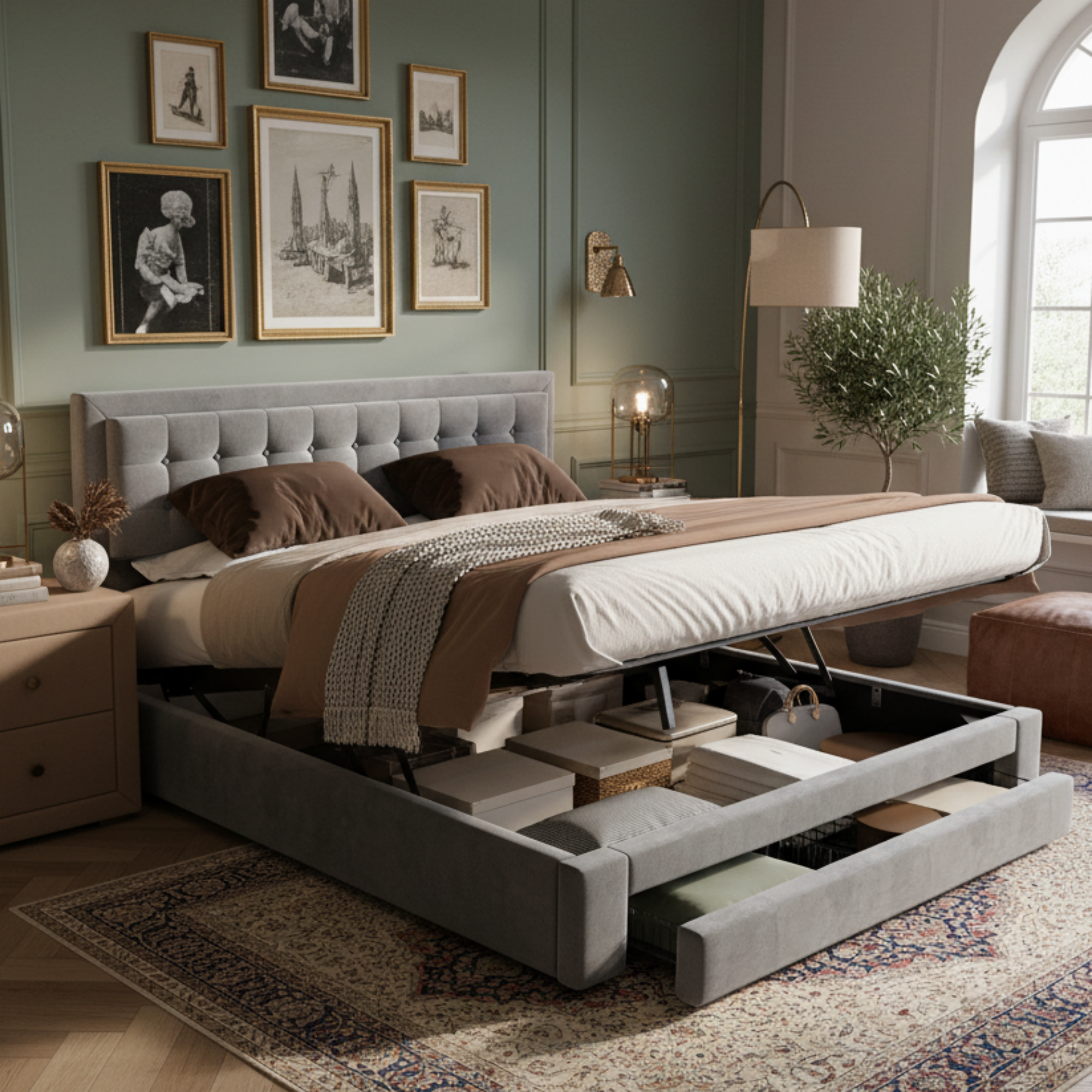 Bed With Box And Drawers, Velvet Fabric, Upholstered Bed, Slatted Base, Double Bed, Large Storage Space, 160 X 200, Grey