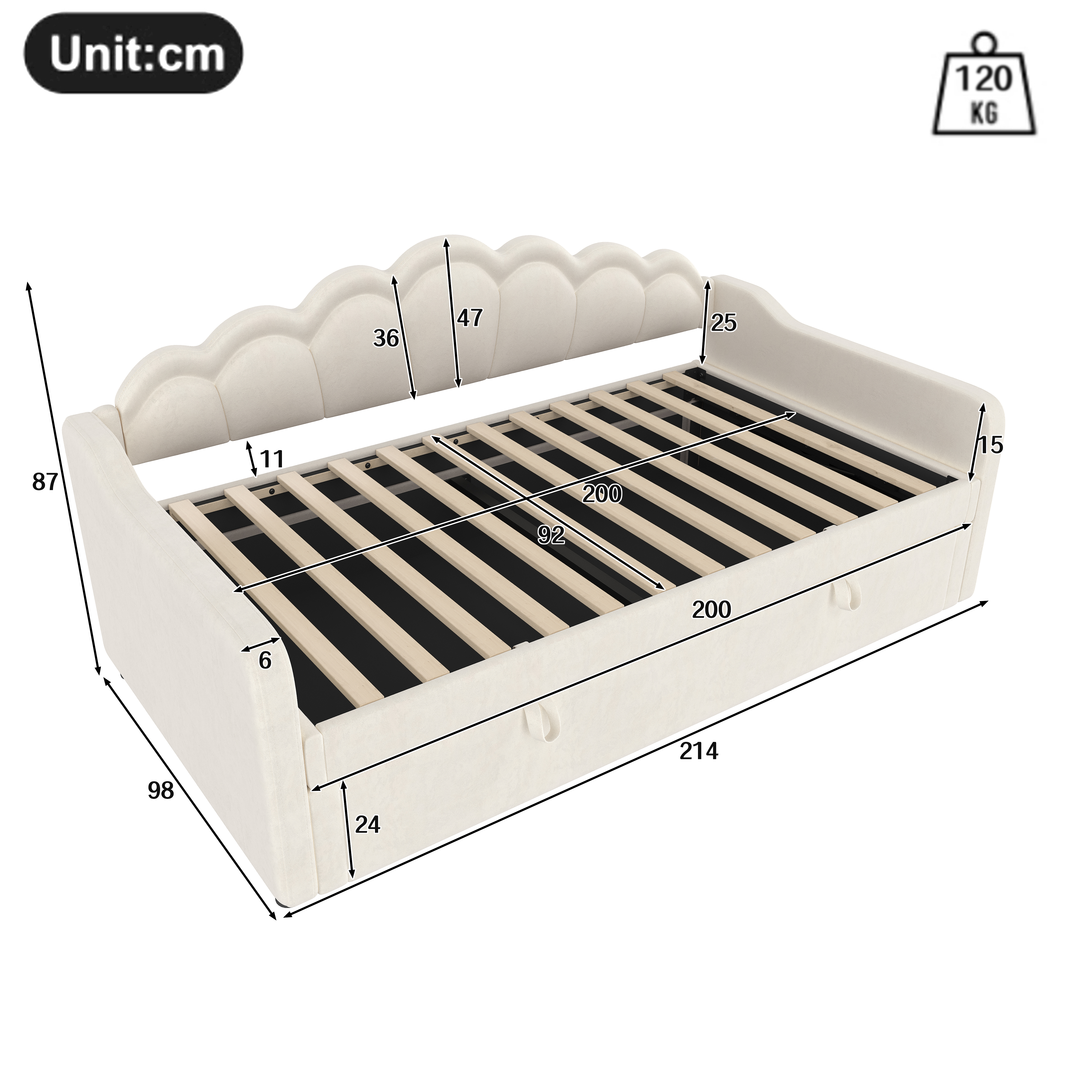 Daybed, Sofa Bed, Hydraulic Bed, With Storage Space, Single Bed Without Mattress , Velvet, Color Changeable LED Strip, 90x200cm, Beige