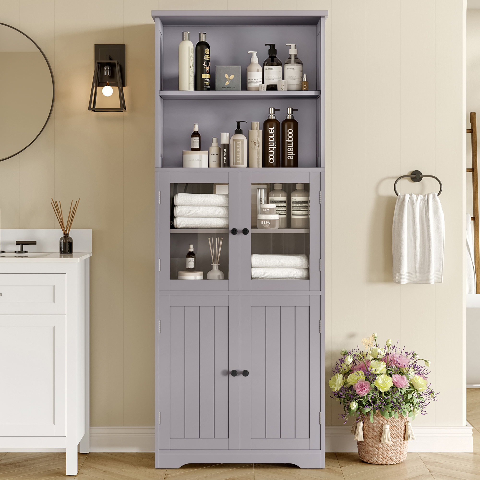 57.4 X 28.5 X 160cm Bathroom Tall Cabinet With Storage, Full Finish, Glass Cabinet Door, Wooden Cabinet Door, Two Open Storage Compartments, Adjustabl