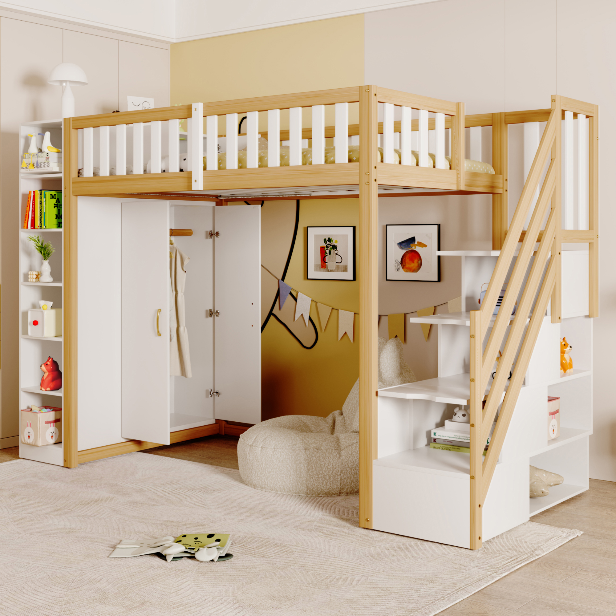 Multifunctional Loft Bed 90x200cm With Shelves, Storage Cupboard And Large Wardrobe, Safety Ladder With Storage Compartments, White   Raw Wood Colours, The Old SKU Is LDB00283AAN
