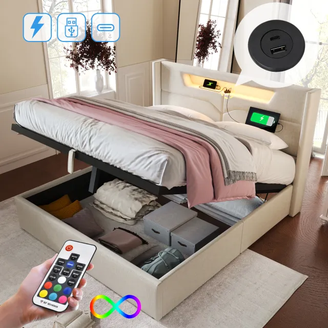 Polsterbett LED Double Bed With USB Type C Charging Function And LED L