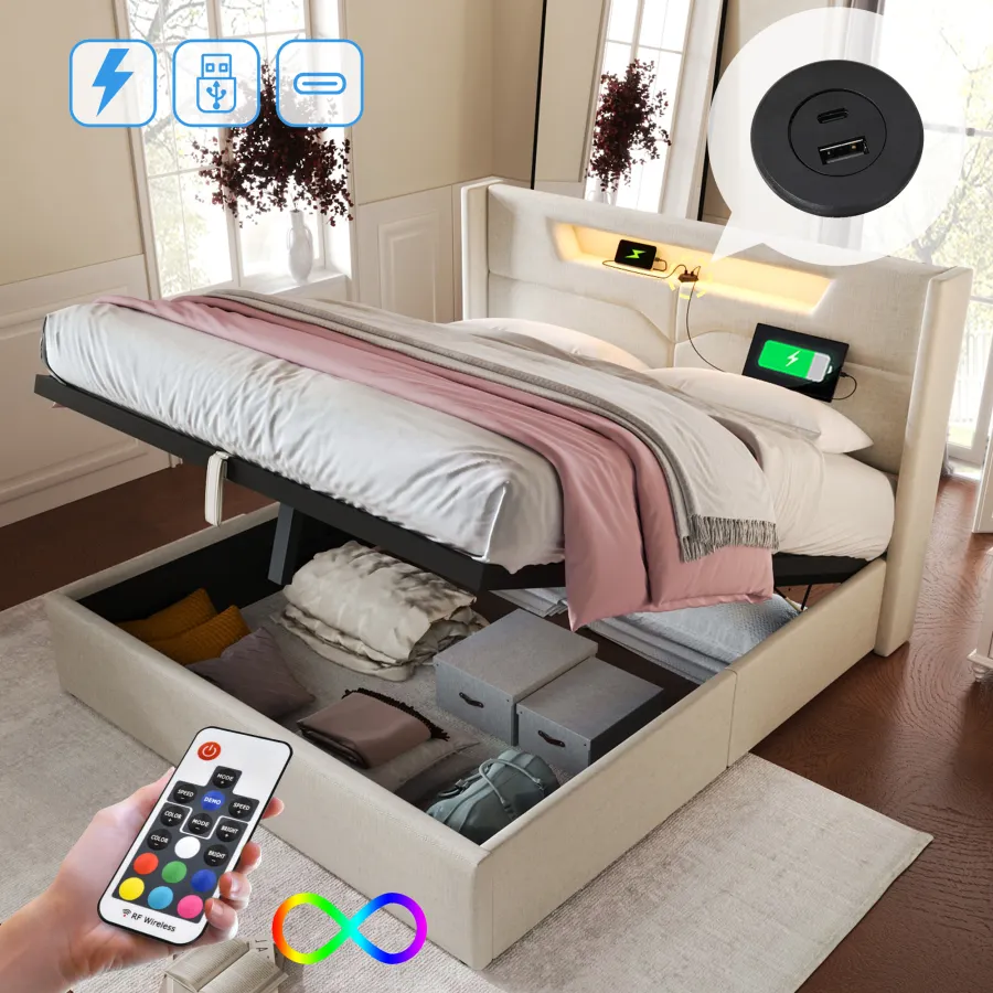 Polsterbett LED Double Bed With USB Type C Charging Function And LED L