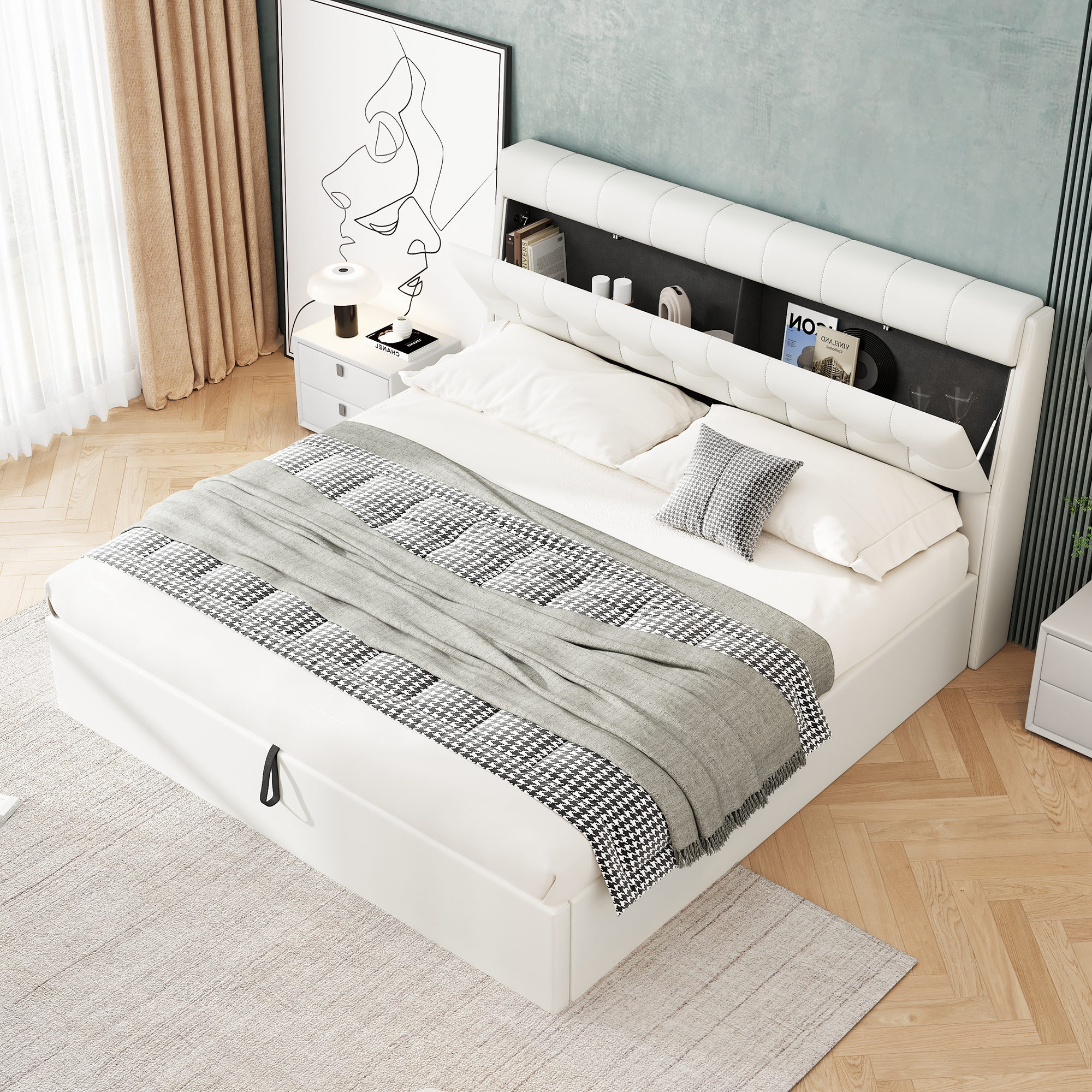 Stylish Upholstered BedHydraulic BedConcealed Headboard StorageBed Box StoragePUwith Slatted Base And Headboard, Without Mattress, White