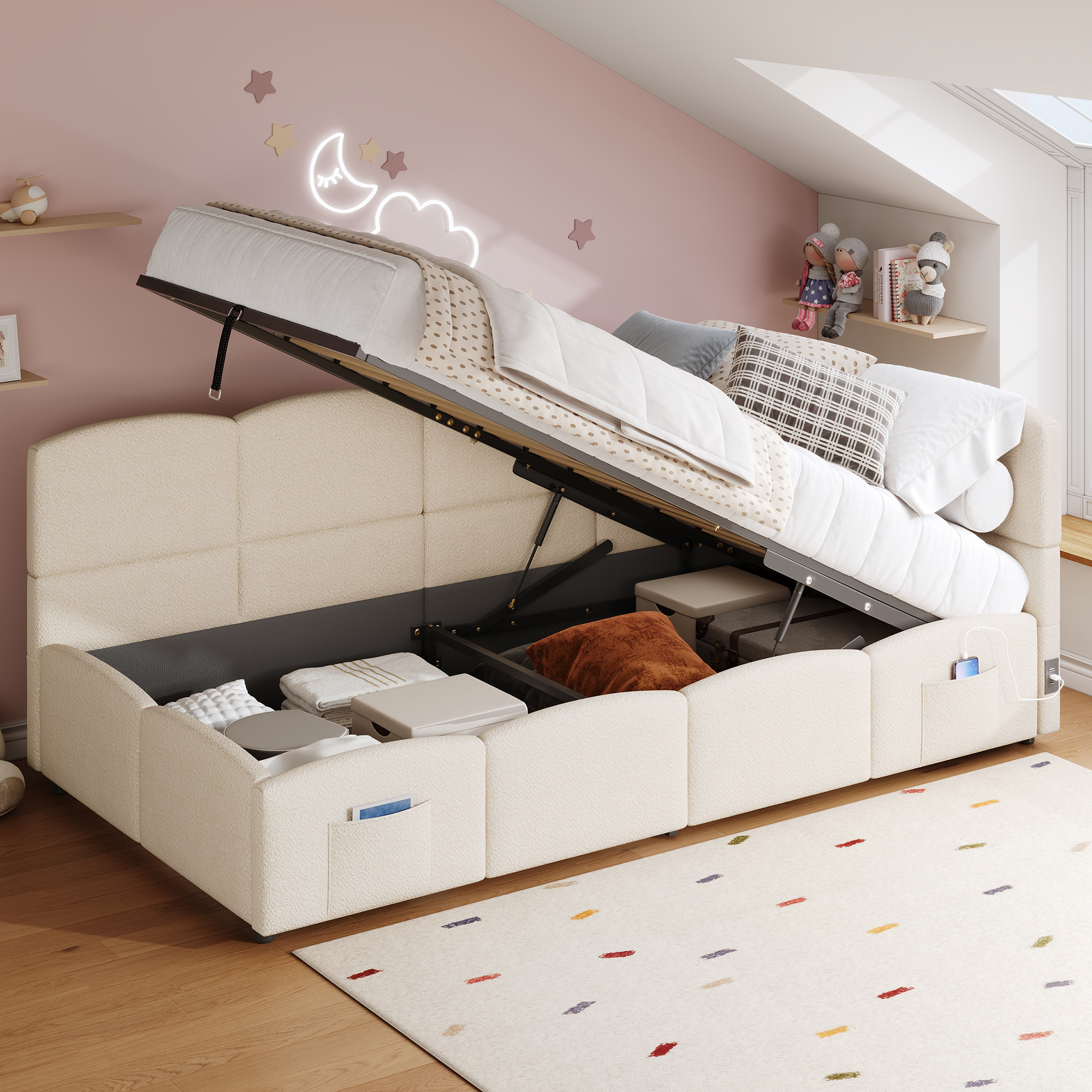 Upholstered Bed, Cot, Single Bed, Storage Bed, Sofa Bed 90x200 Cm, With Slatted Base, Boucle Fabric, USB Charger, Storage Bag, Youth Bed And Adult Cot, Beige  Without Mattress
