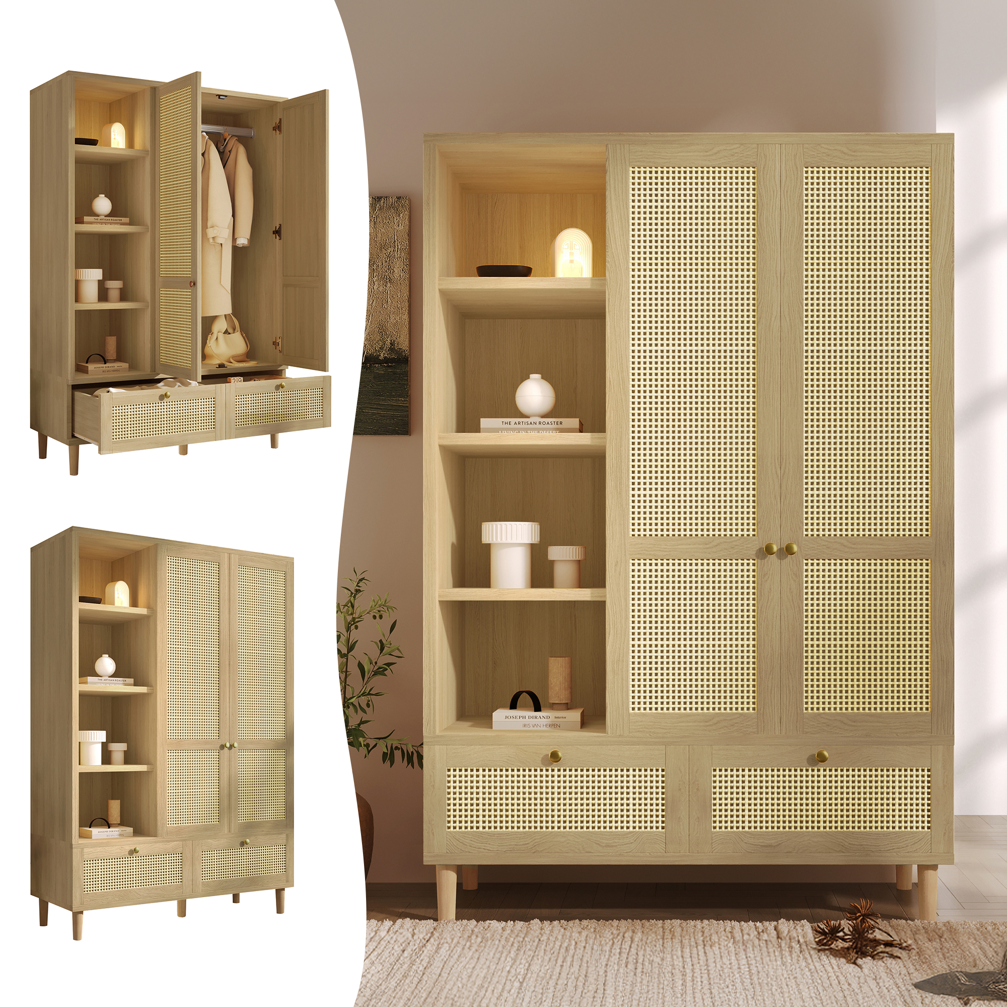 Armoire-penderie avec 2 portes et osier en rotin