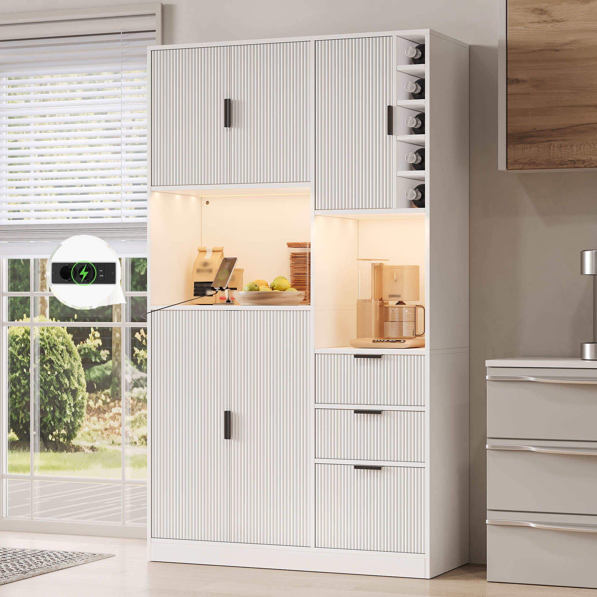 Kitchen Cabinet, Modern Tall Storage And Wine Cabinet With Adjustable Shelves, 3 Drawers, Wine Rack, Color-changing LED Lighting And Power Sockets, Dimensions 180 X 105 X 40 Cm.