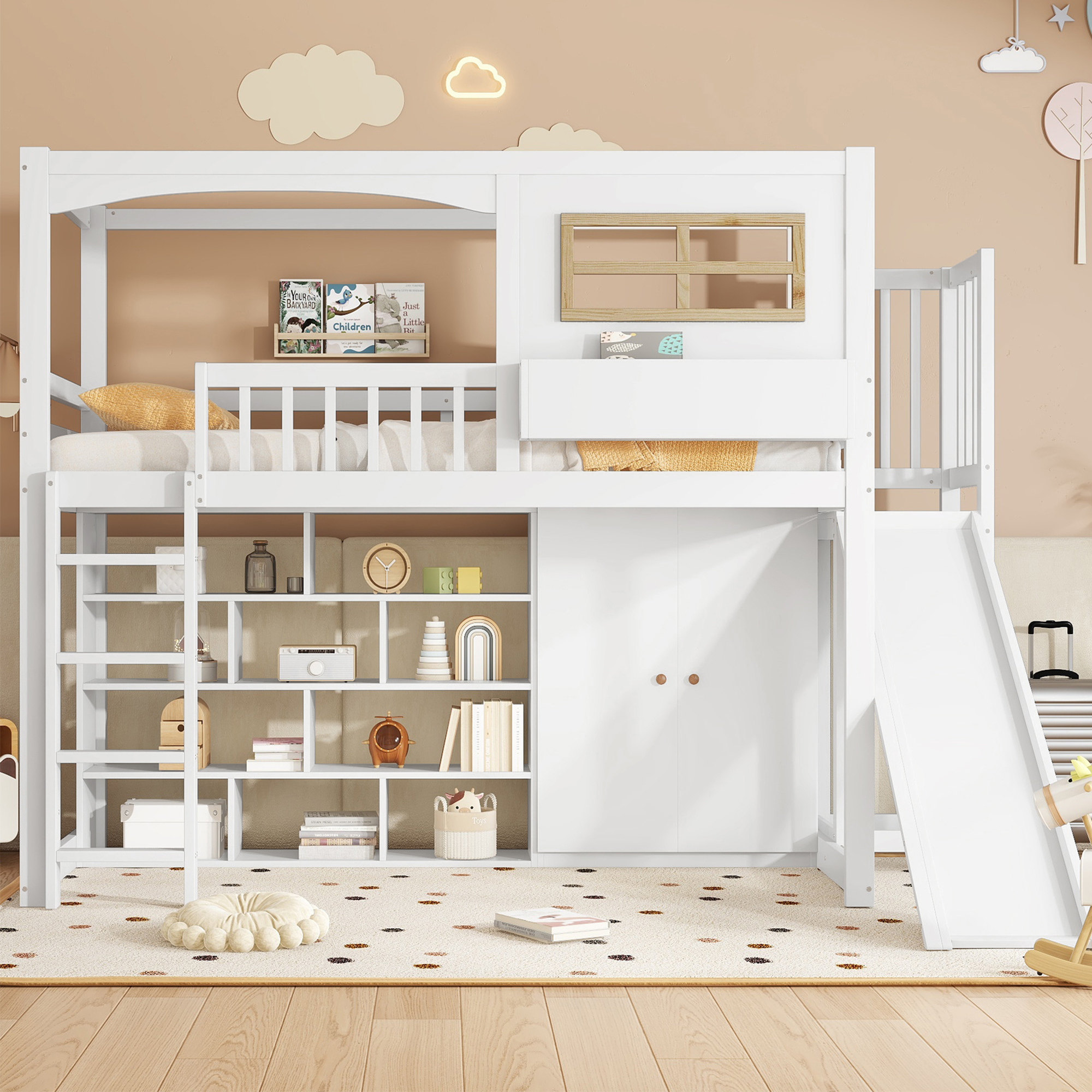 Bunk Bed, Children's Bed, With Fall Protection Rail, With Children's Slide And Wardrobe, Plenty Of Storage Space, With Four-step Ladder, Pine MDF Plywood, White, 90x200cm