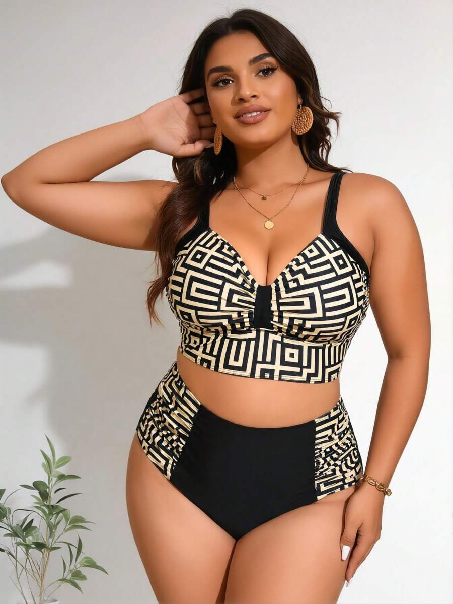 2026 New Women's Plus Size Bikini Set: Black & Gold Geometric Print Crop Top + High-Waisted Bottom With Side Panels