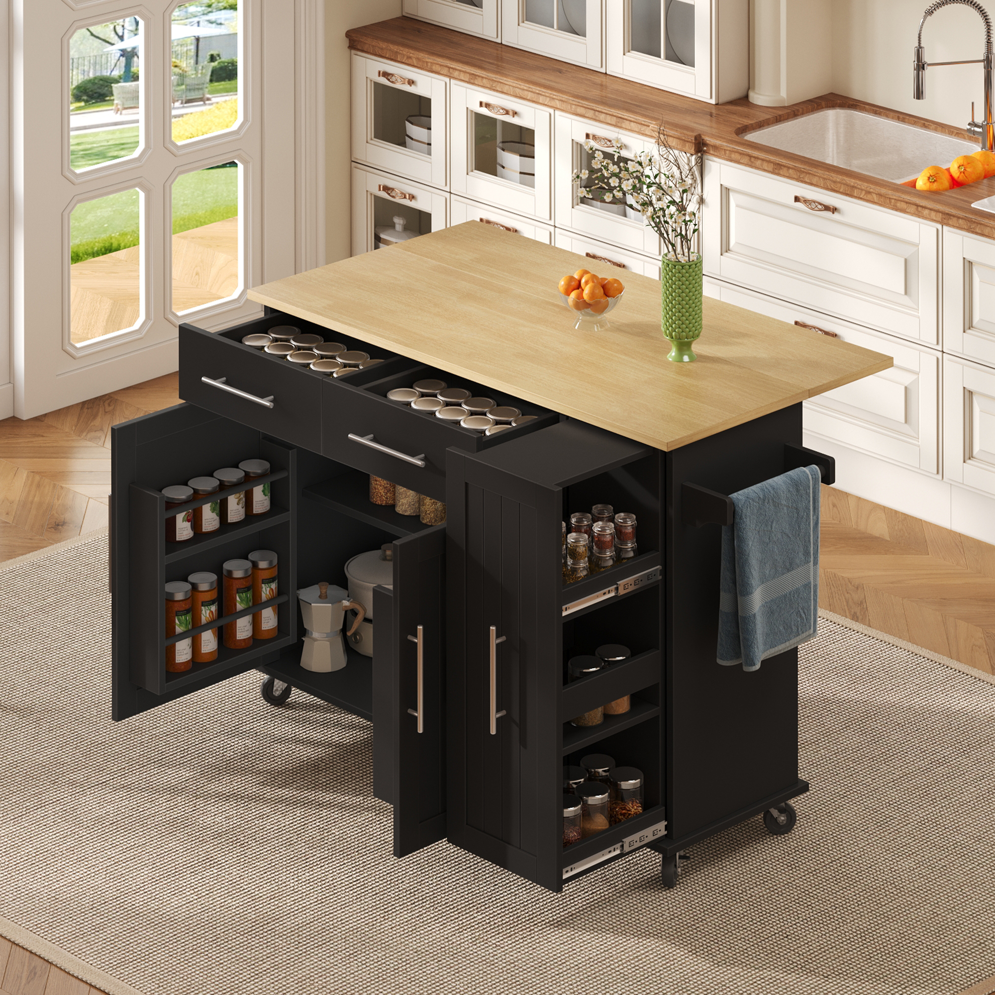 Kitchen Island With Drop Leaf, Storage Cart With 3 Tier Pull Out Cabinet Organizer, Internal Storage Rack, Rolling Cart On Wheels With Towel Rail & 2 Drawers For Dining Room, Black