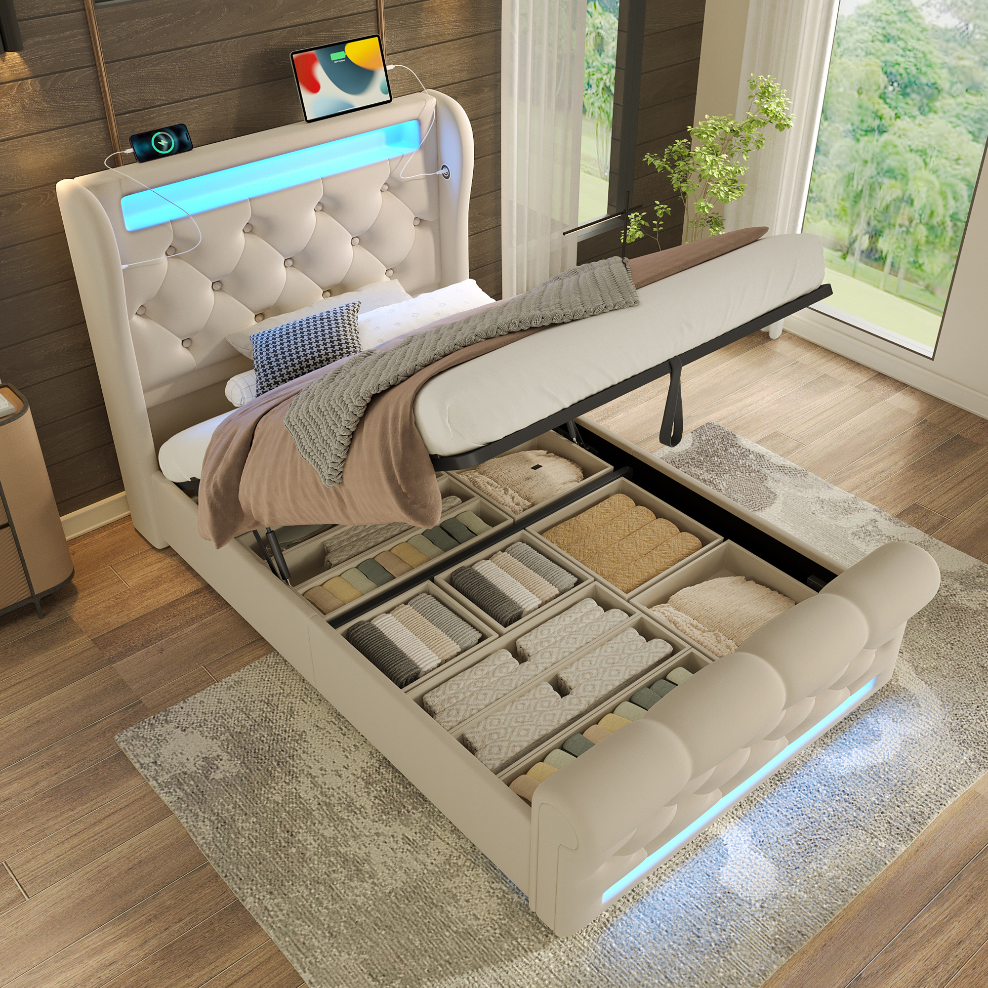 Modern Upholstered Bed Single Bed 90x200cm, Upholstered Bed With LED Lights,Storage Headboard With USB And Type-C Ports, Hydraulic Storage Bed, Beige, Velvet.  Without Mattress