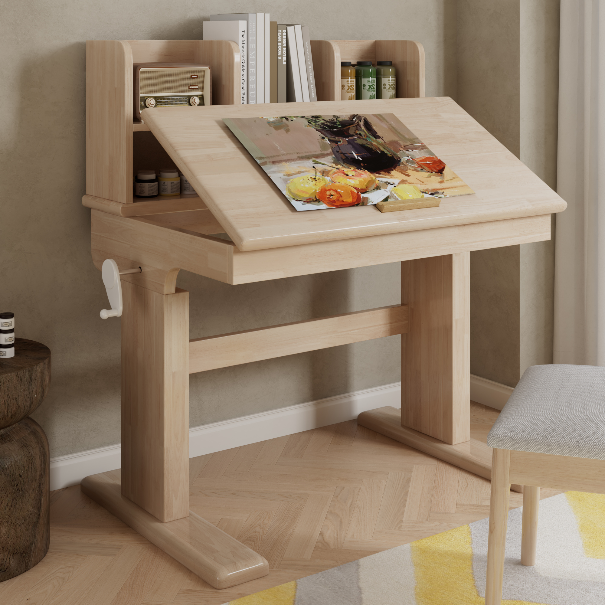 Children's Table, Height-adjustable Solid Wood Children's Desk, Foldable Tabletop 0 -43 , Storage Space, Safety Certified, For Children From 6 Years O