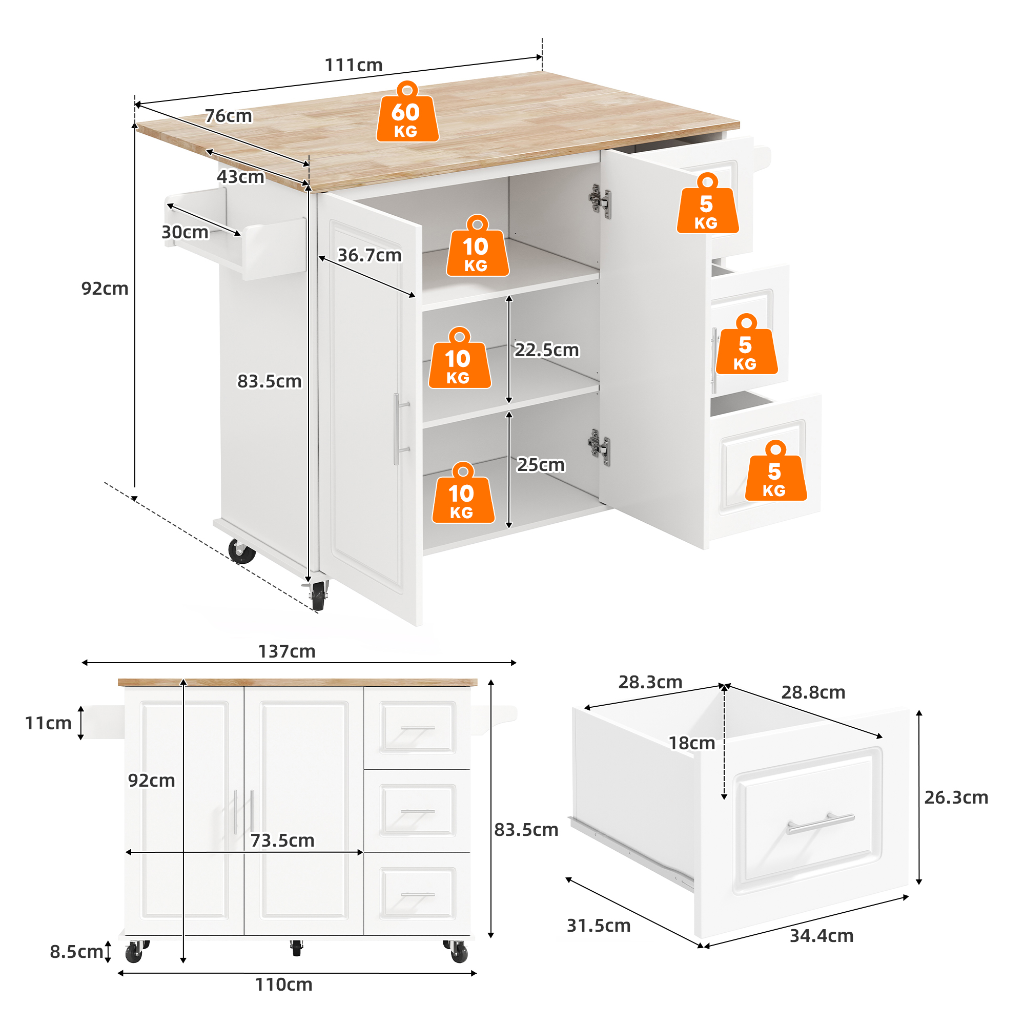 Îlot de Cuisine Mobile 137cm - Plan de Travail Chêne, Design Pliant