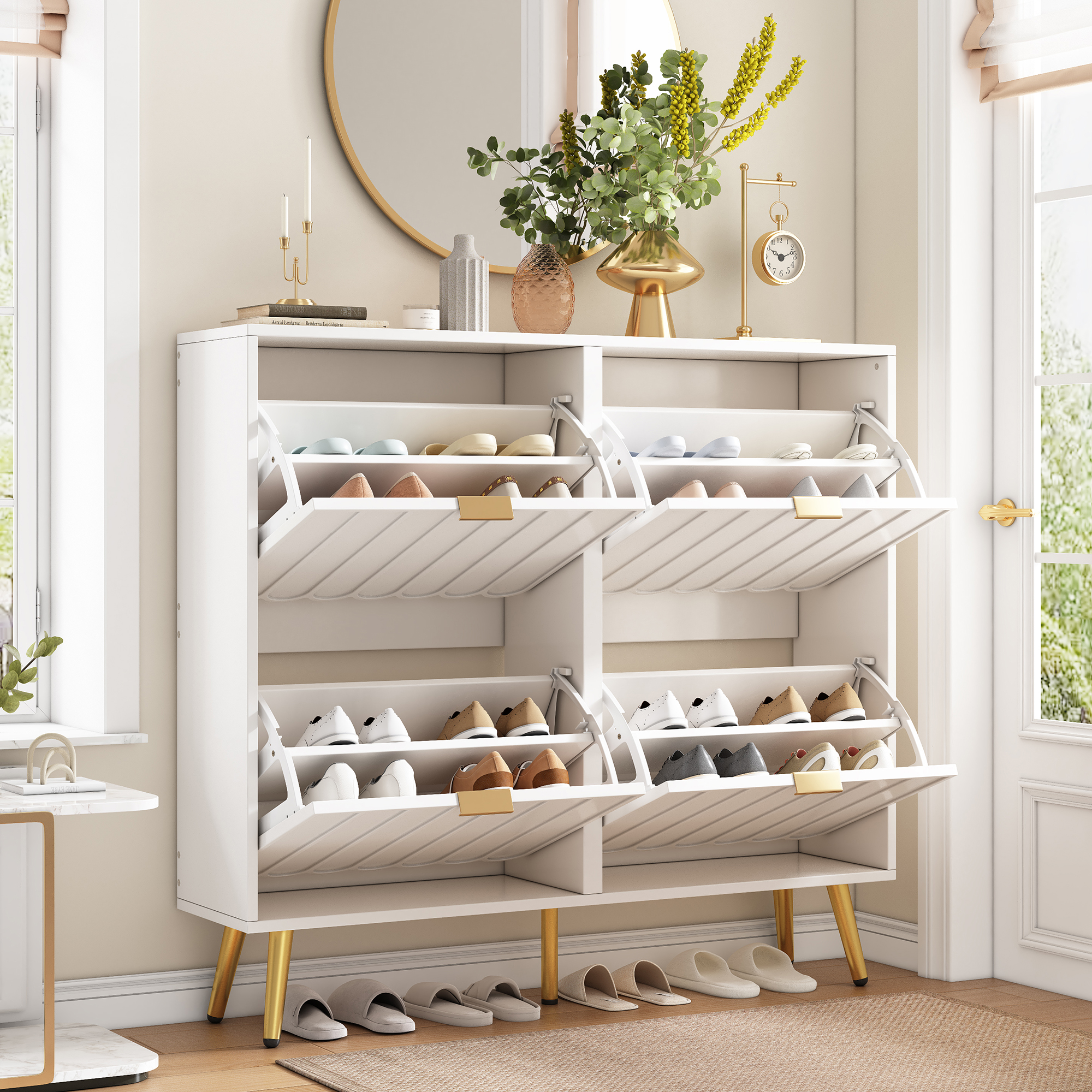 Narrow Shoe Tipper With 4 Flaps Space-saving Shoe Chest Of Drawers For The Hallway, With Anti-tilt Protection And Adjustable Dividers For Different Types Of Shoes, White, Dimensions L100 XD24x H91.
