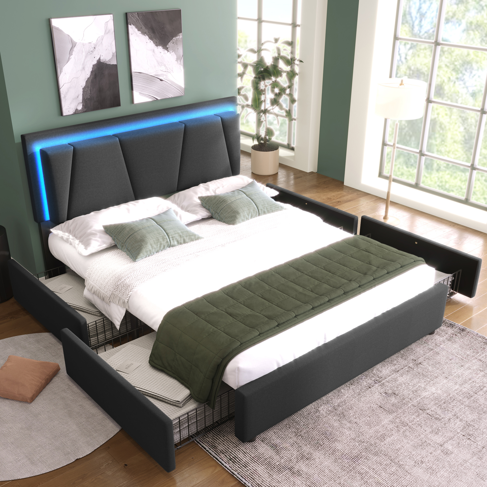 808182AAG Upholstered Bed With LED Lighting And 4 Drawers,Height-adjustable Headboard,Double Bed 160x200cm Storage Beds Bed Frame, Wooden Slatted Base, Grey  Without Mattress