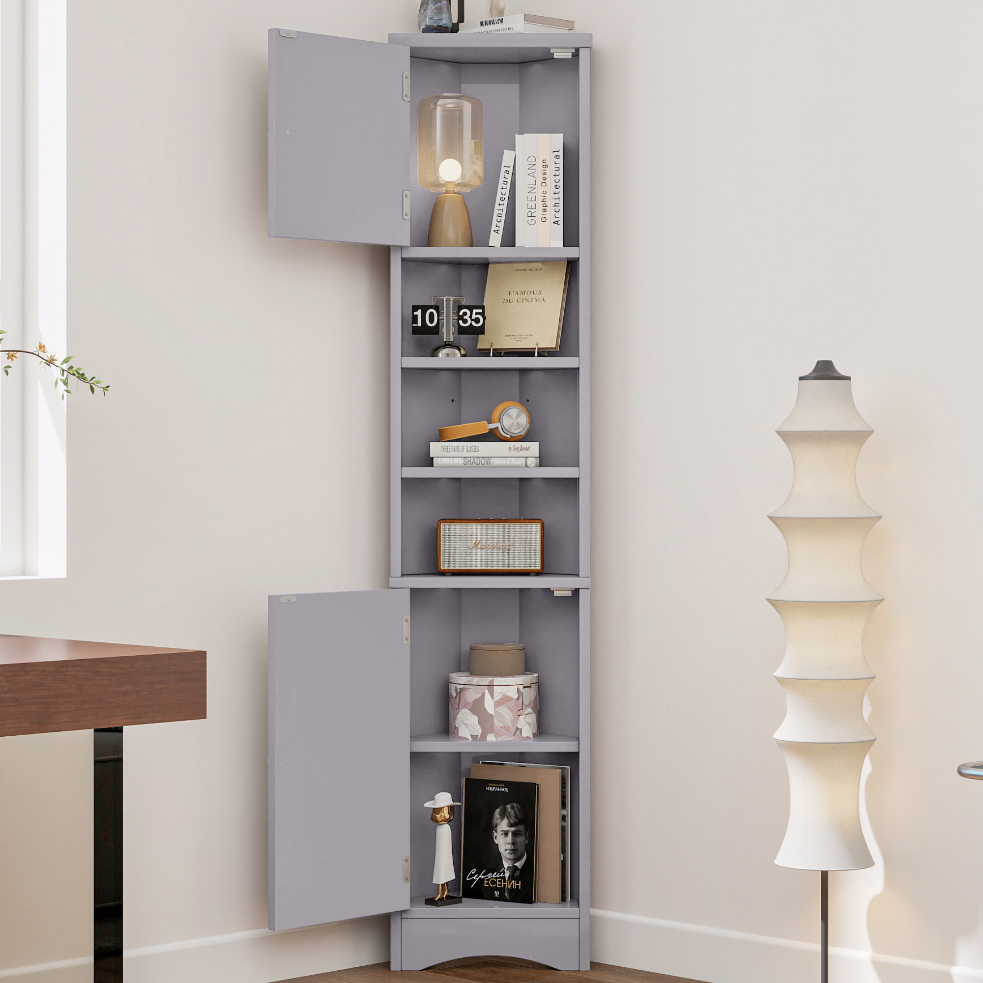 36.5 X 24.5 X 170cmTriangular Bathroom Cabinet, Full Lacquer, Moisture-resistant Lacquer, Three Open Storage Compartments, Double Doors, Adjustable Sh