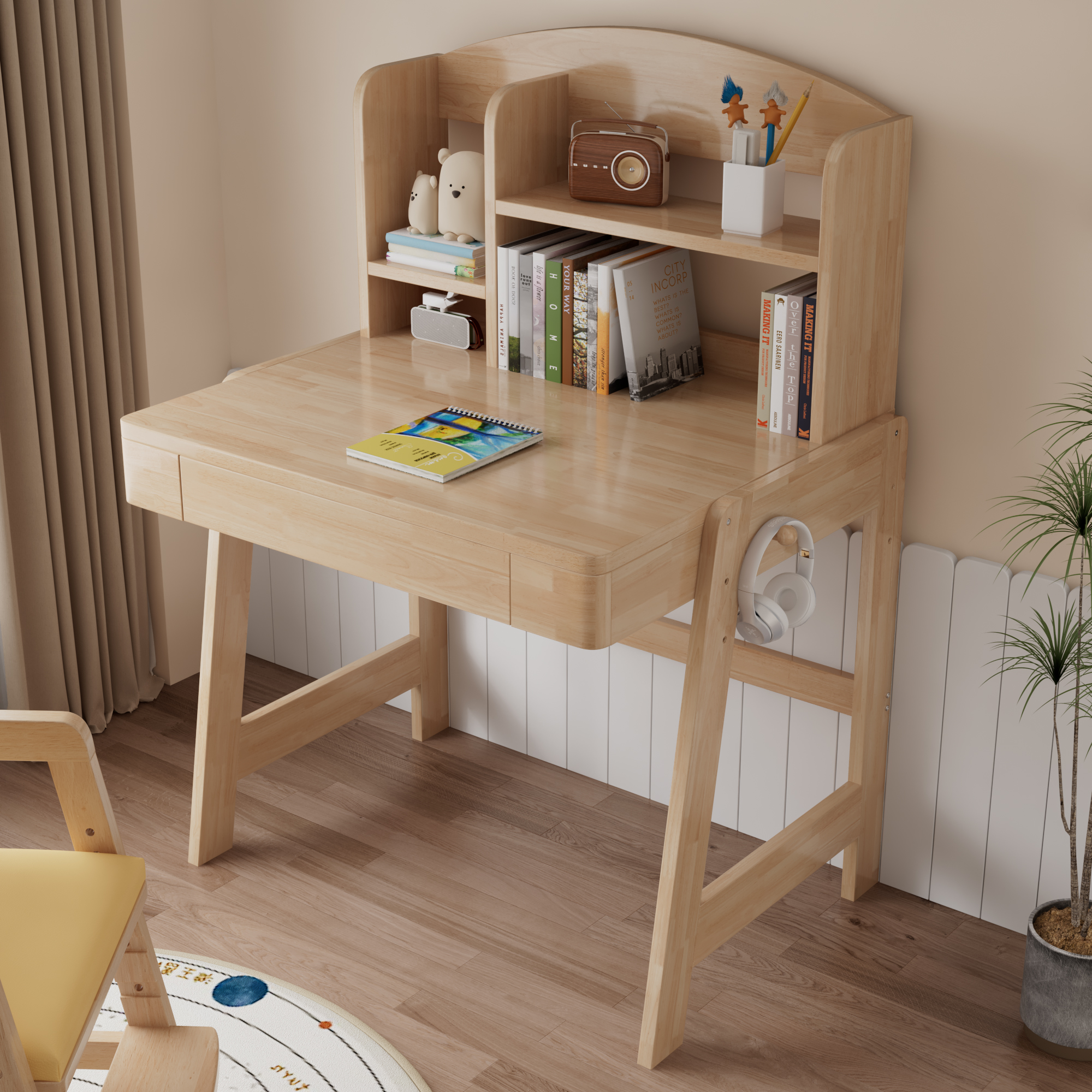 Children's Table, Height-adjustable Solid Wood Children's Desk, Natural Colours, With Drawer, Storage Space & Hooks, Safety Certified, For Children Ag