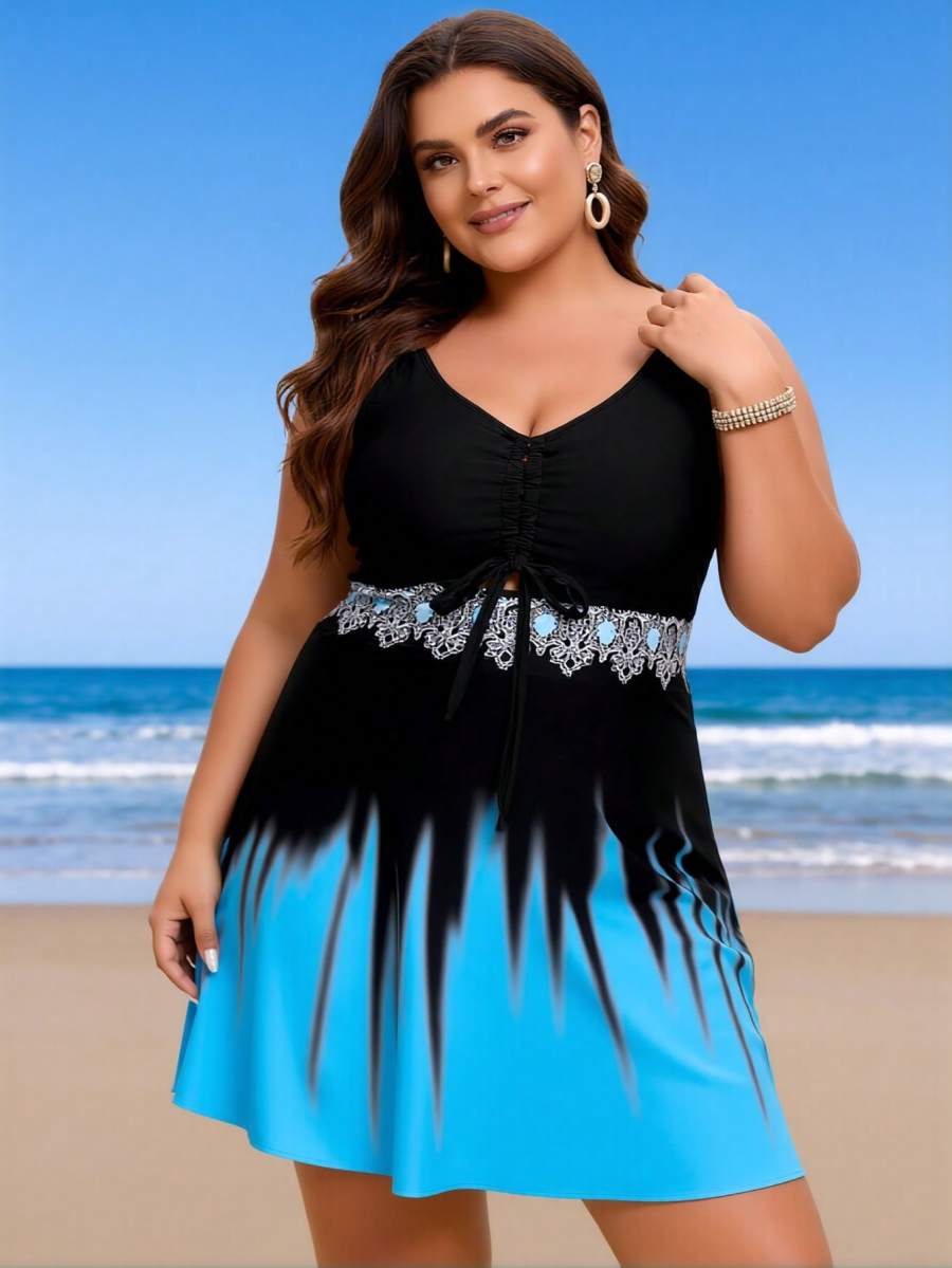 2026 New Plus Size Women's Sexy Fashion Black-Blue Gradient Ruched Lace One-Piece Swimdress For Vacation & Leisure