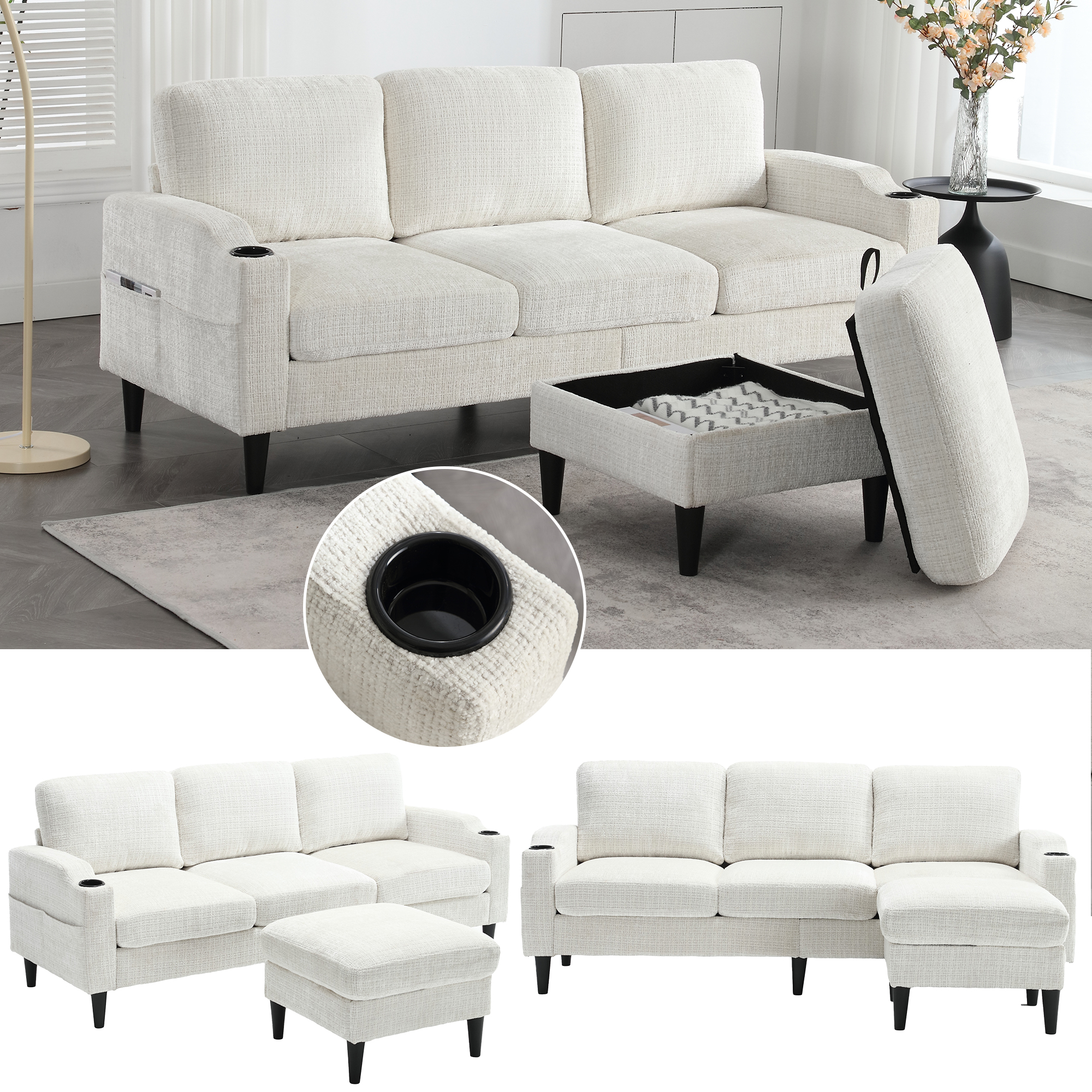 Elegant Sofa With Stool & Storage  4-seater With Comfortable Armrests, Cup Holder, Side Pockets & Sturdy Plastic Feet, Velvet Cover For Skin-friendly Comfort