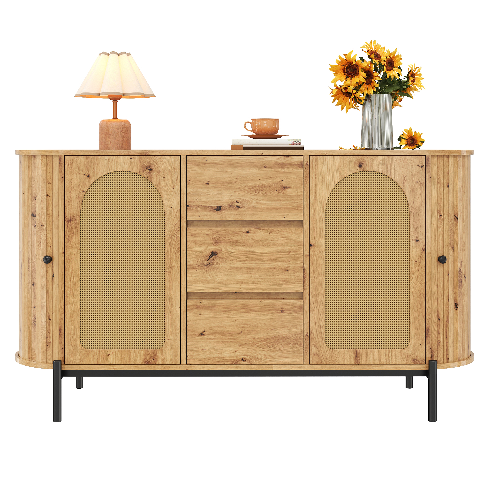 Oval Sideboard With Rattan, Sliding Doors, Doors And Drawers, Adjustable Compartments, Wood Effect, Metal Legs, Multifunctional Storage Cabinet