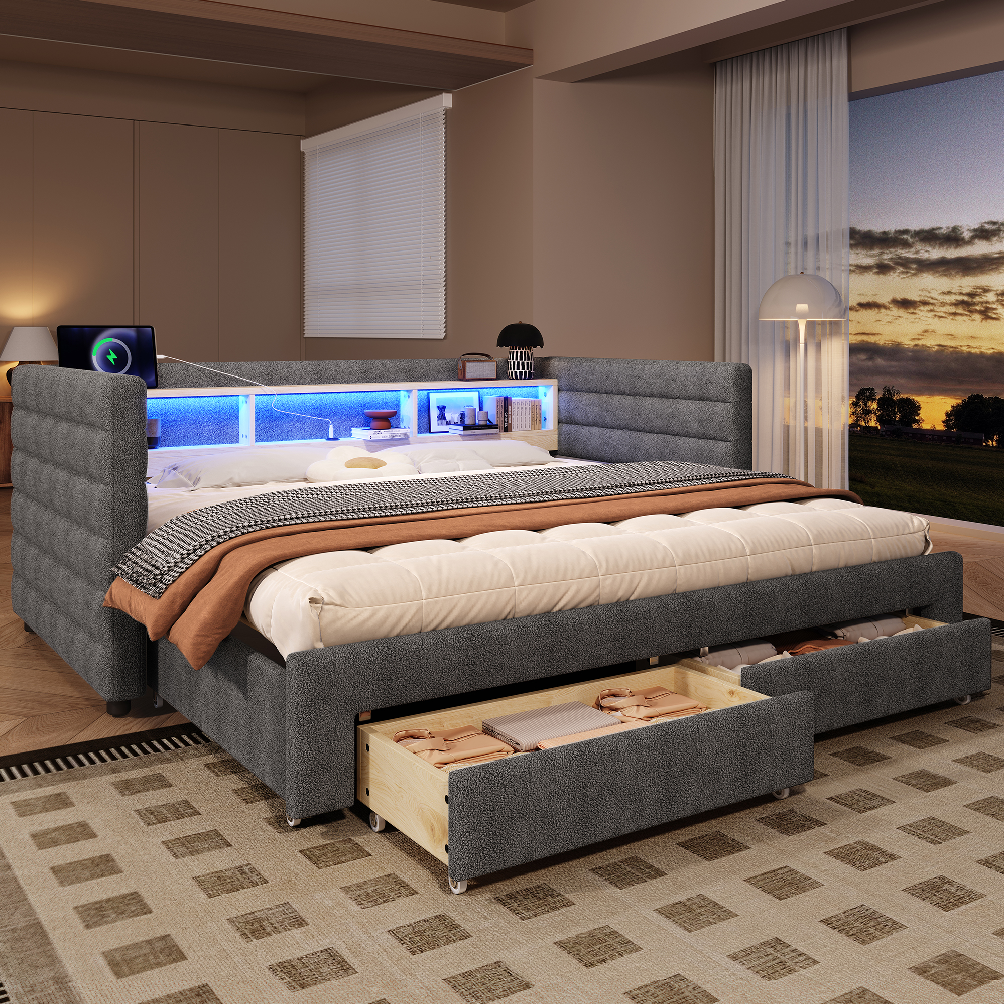 Daybed, Daybed, Sofa Bed, 90 X190 Cm, Multifunctional Trundle Bed Design, USB  Type-C Ports, With Two Drawers, Multiple Storage Compartments, LED Light Strip, Without Mattress, Velvet, Gray
