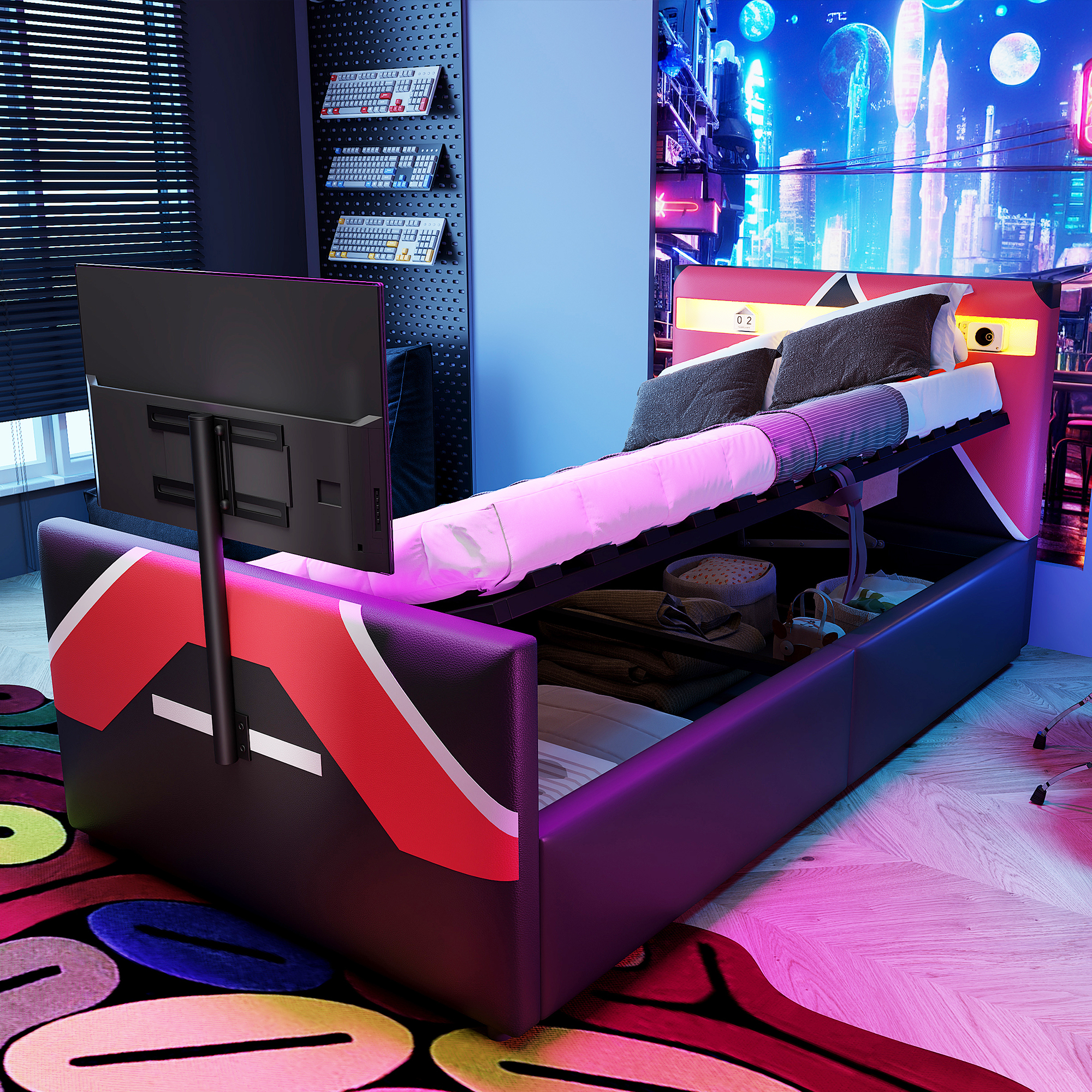 Kinderbett 90x200 Im E-Sport-Stil Mit PU-Lederbezug In Farbblockoptik, LED-Beleuchtung Mit Farbwechsel, Hydraulischem Stauraum Und Integrierter TV-Hal