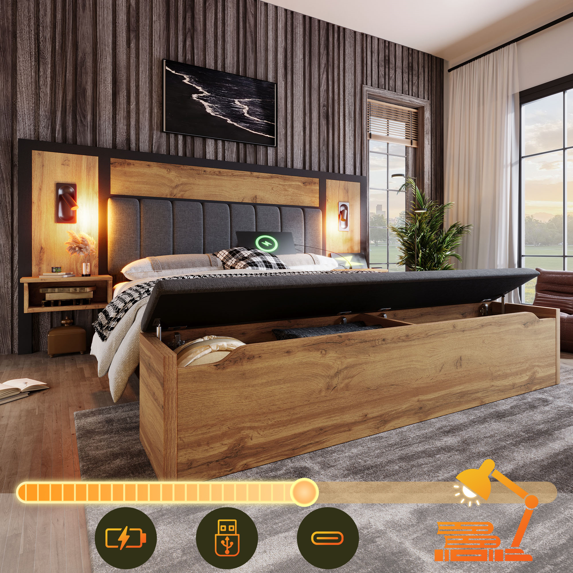 Double Bed Upholstered Bed 180x200, Bed System With Reading Lamp And USB C Bedside Table And Bench With Storage Space, Bed Frame With Slatted Base Made Of Metal, Wood And Linen, Oak  Without Mattress